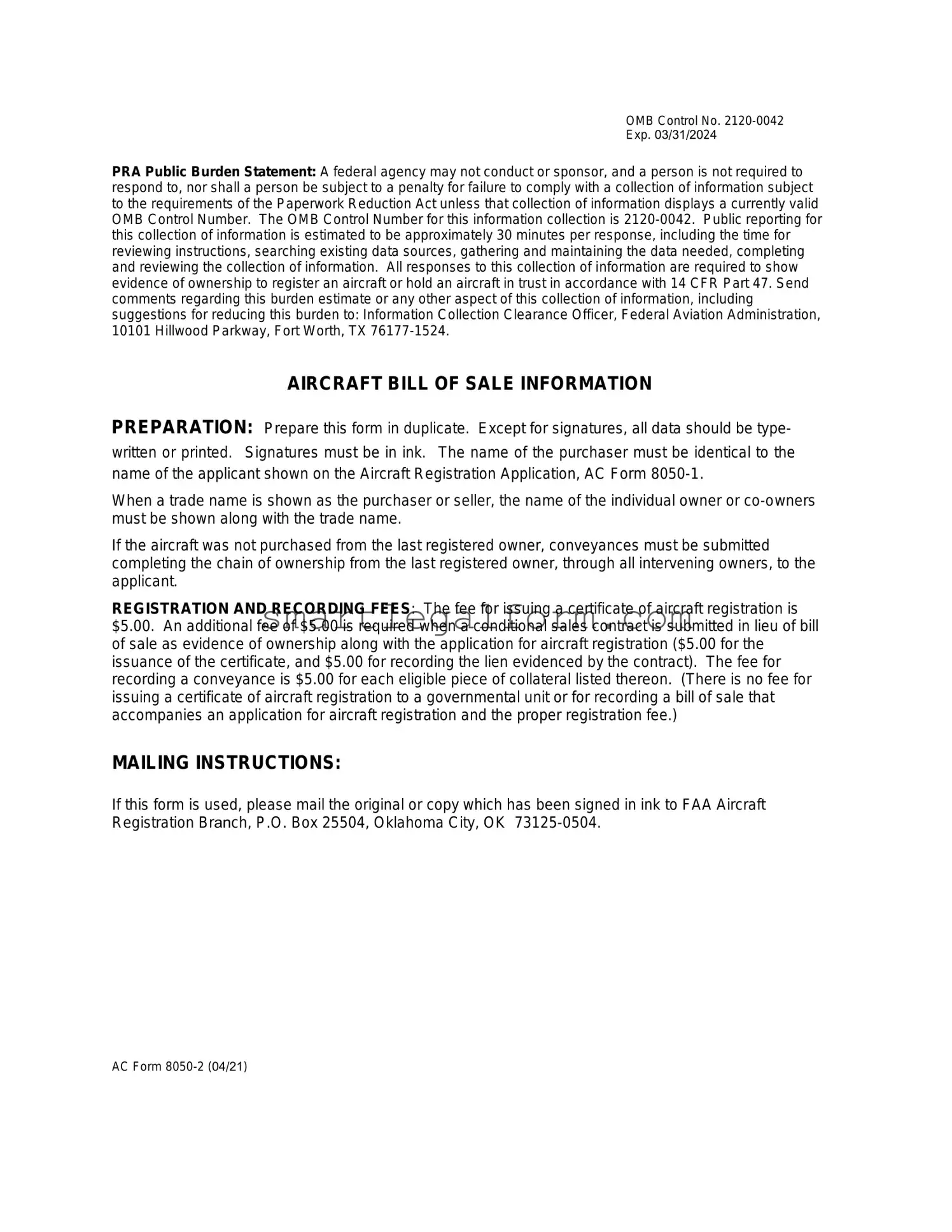 Free Aircraft Bill of Sale AC 8050-2 Form