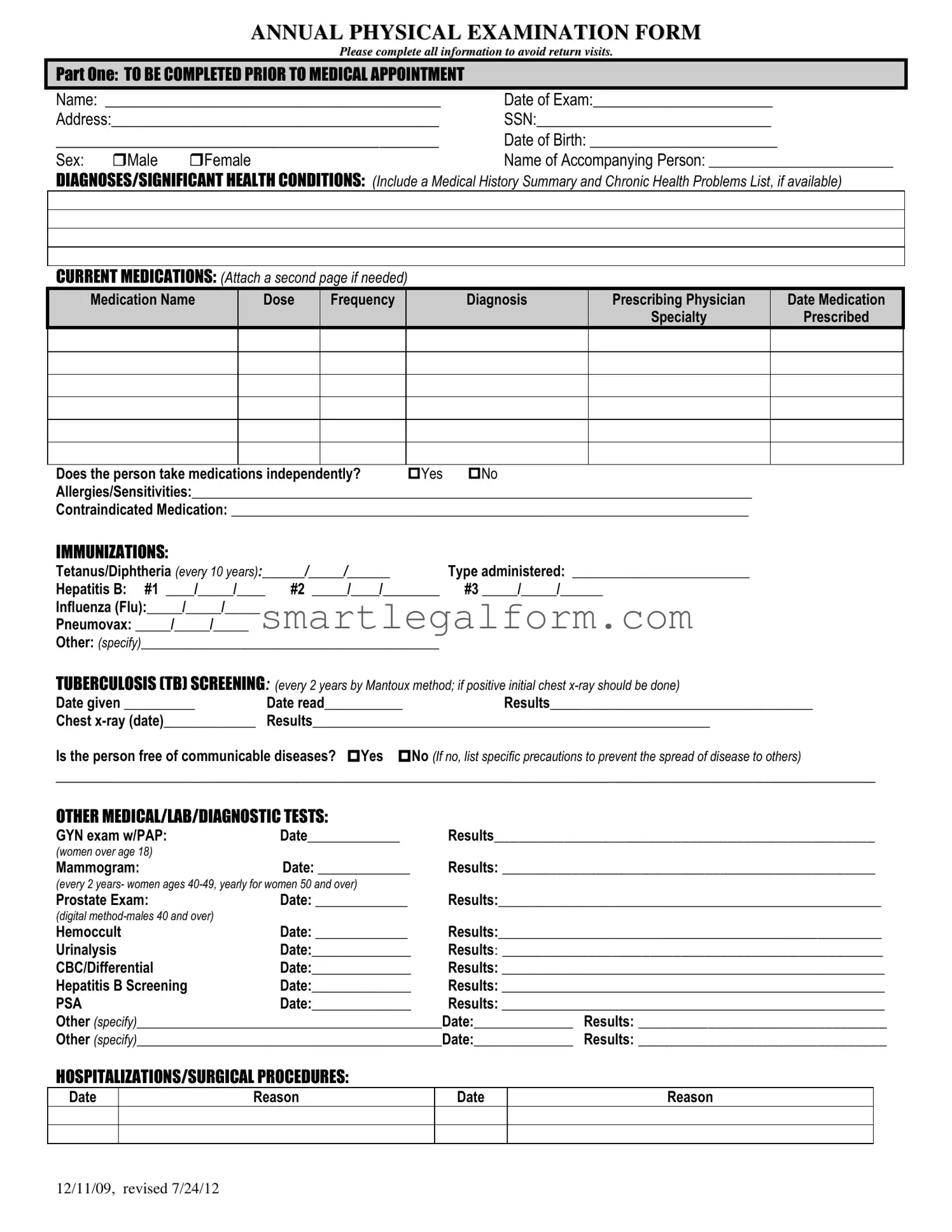 Free Annual Physical Examination Form