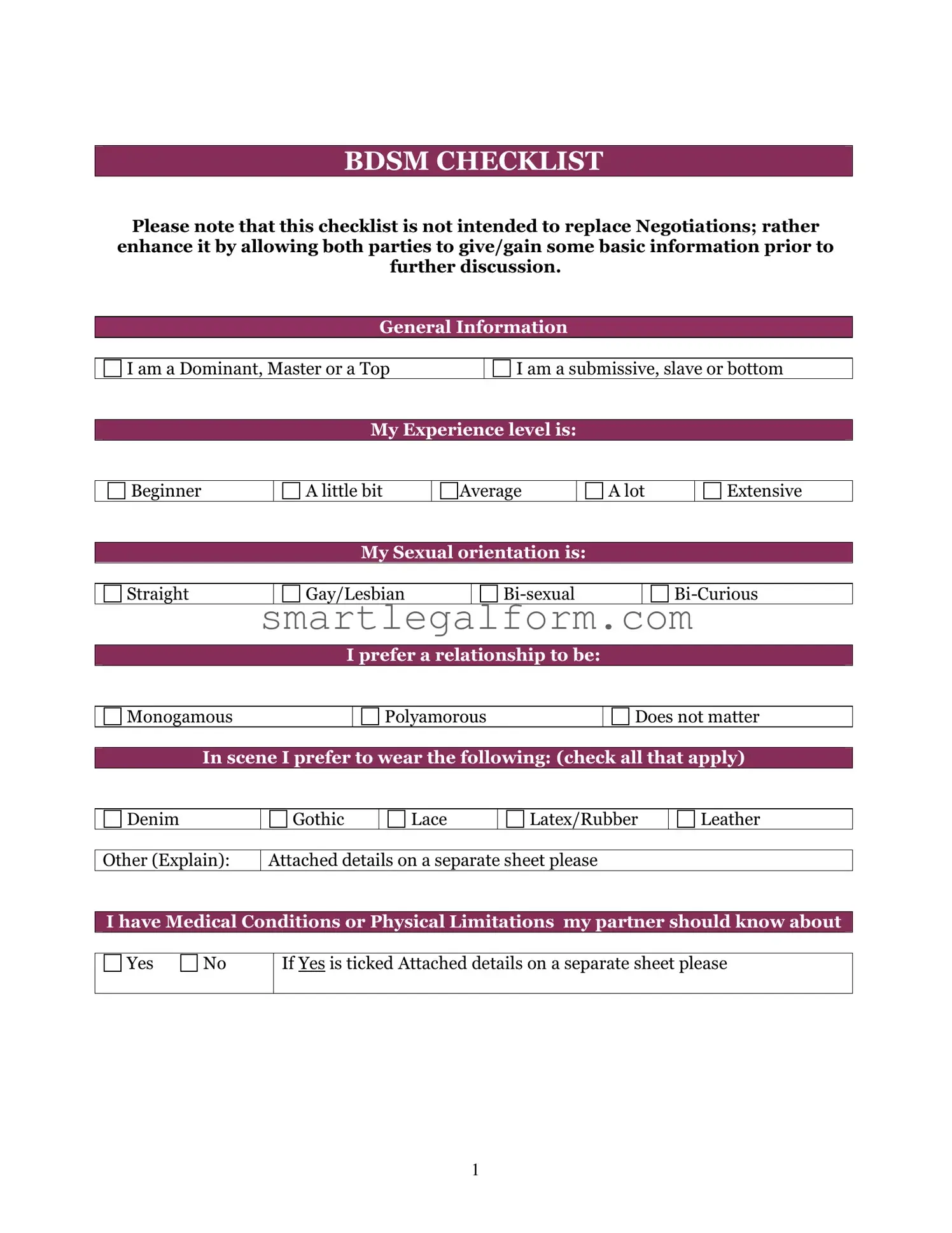 Free Bdsm Checklist Form