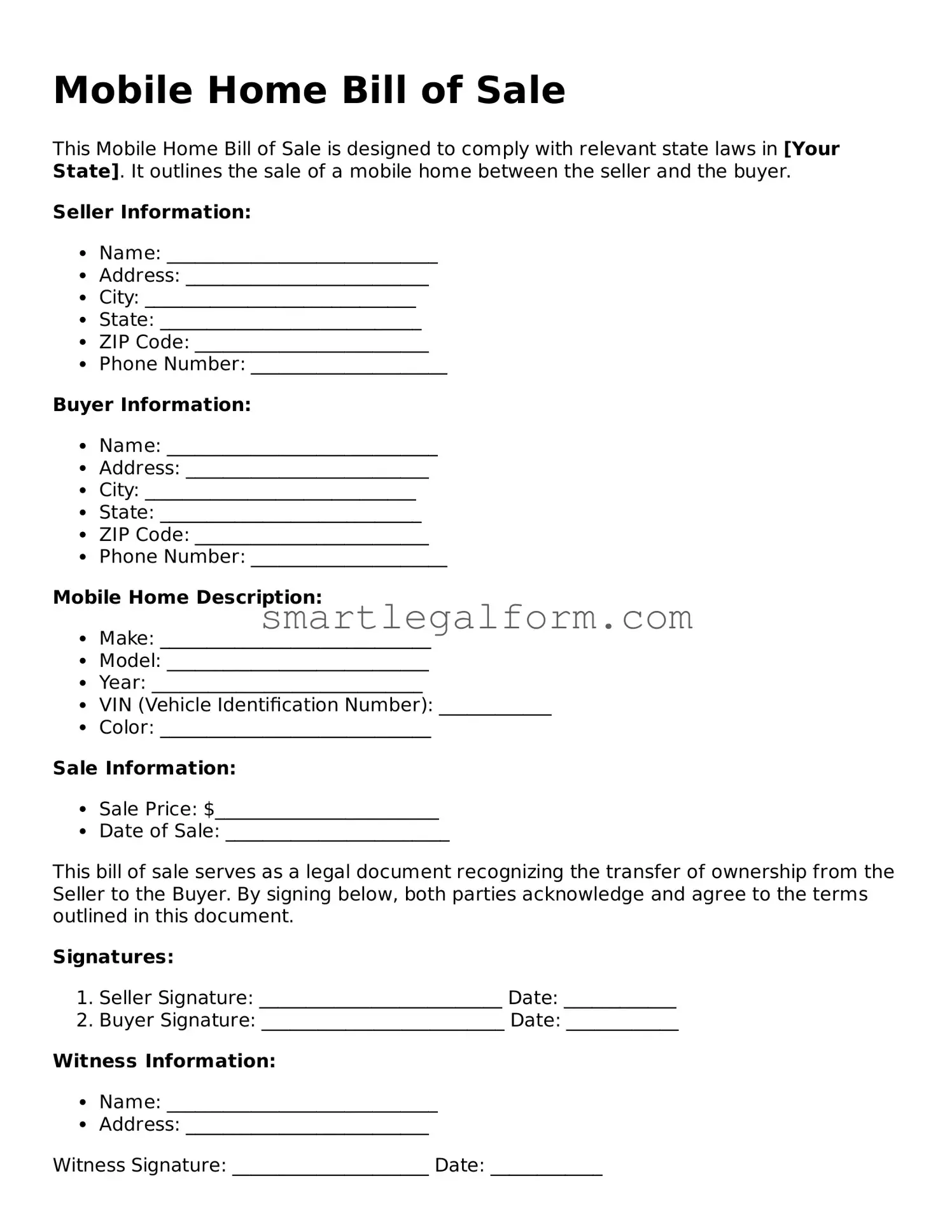 Attorney-Approved Mobile Home Bill of Sale Form