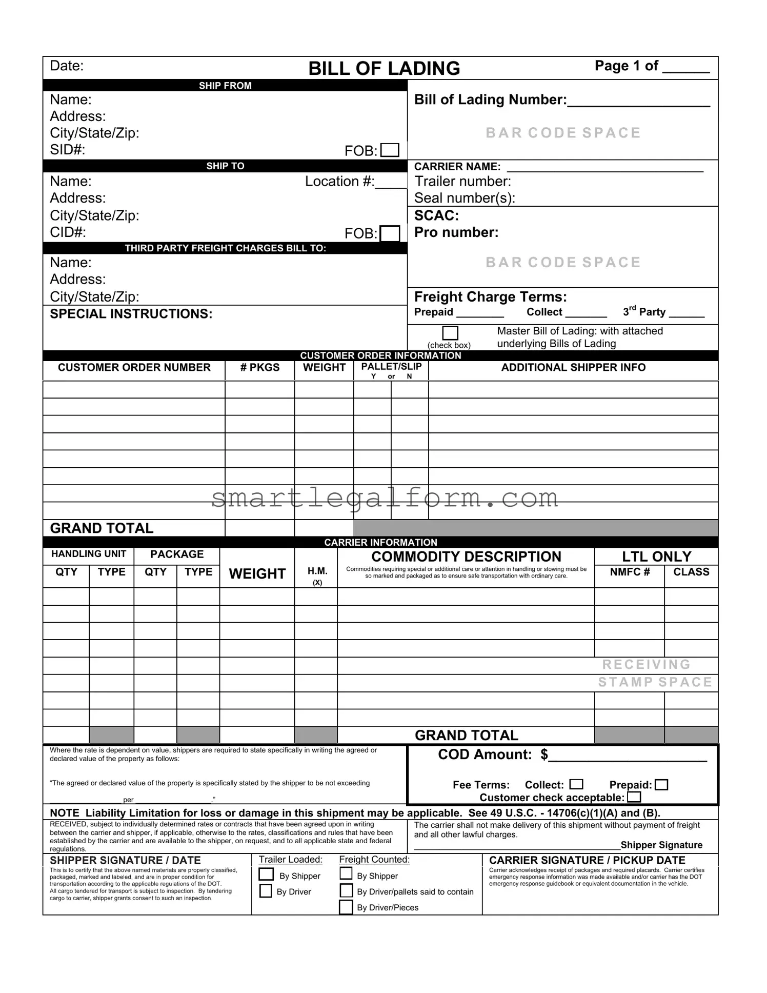 Free Bill of Lading with a Supplement Form