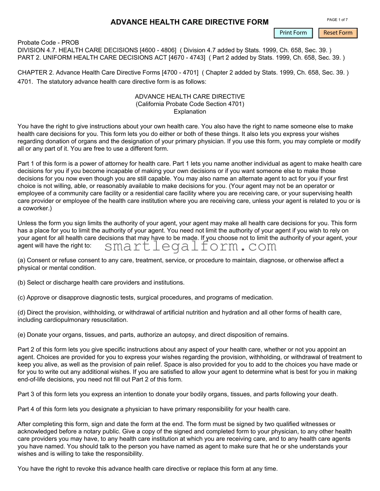 Free California Advanced Health Care Directive Form