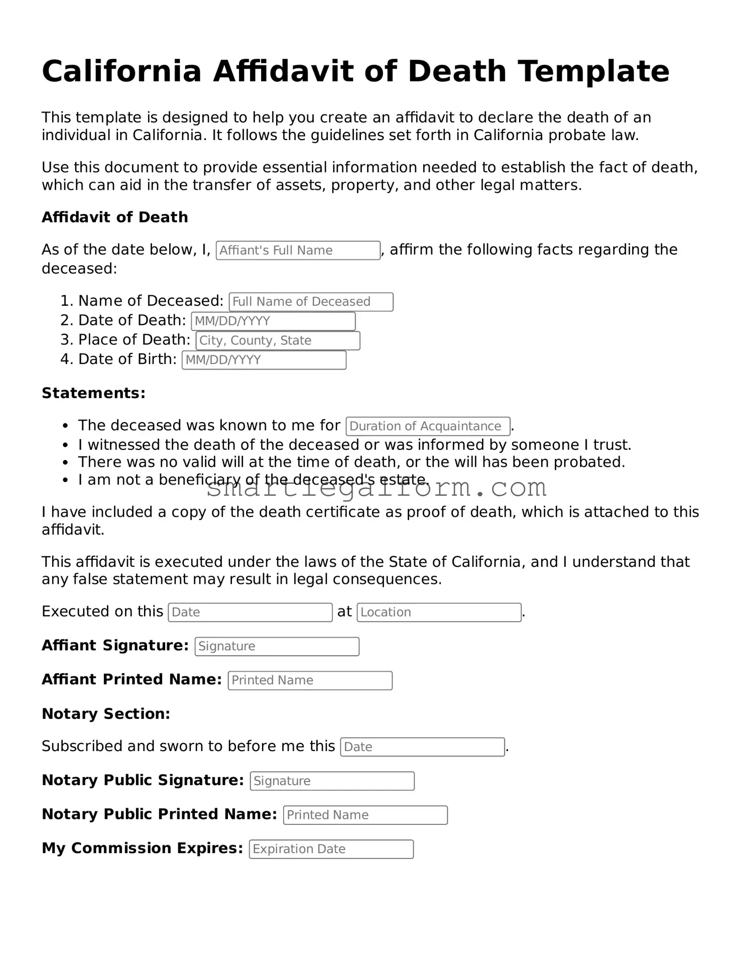 Printable California Affidavit of Death Document