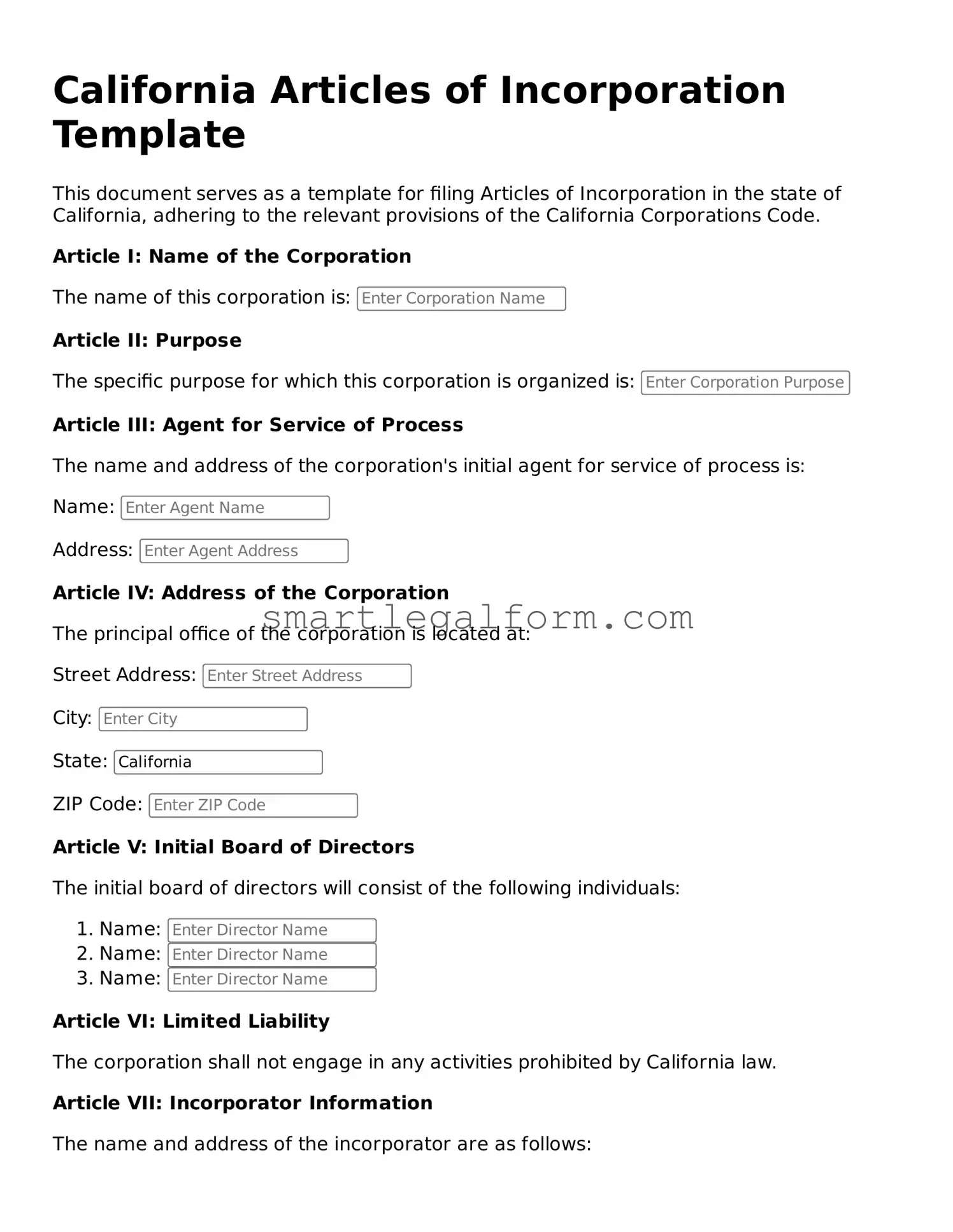 Printable California Articles of Incorporation Document