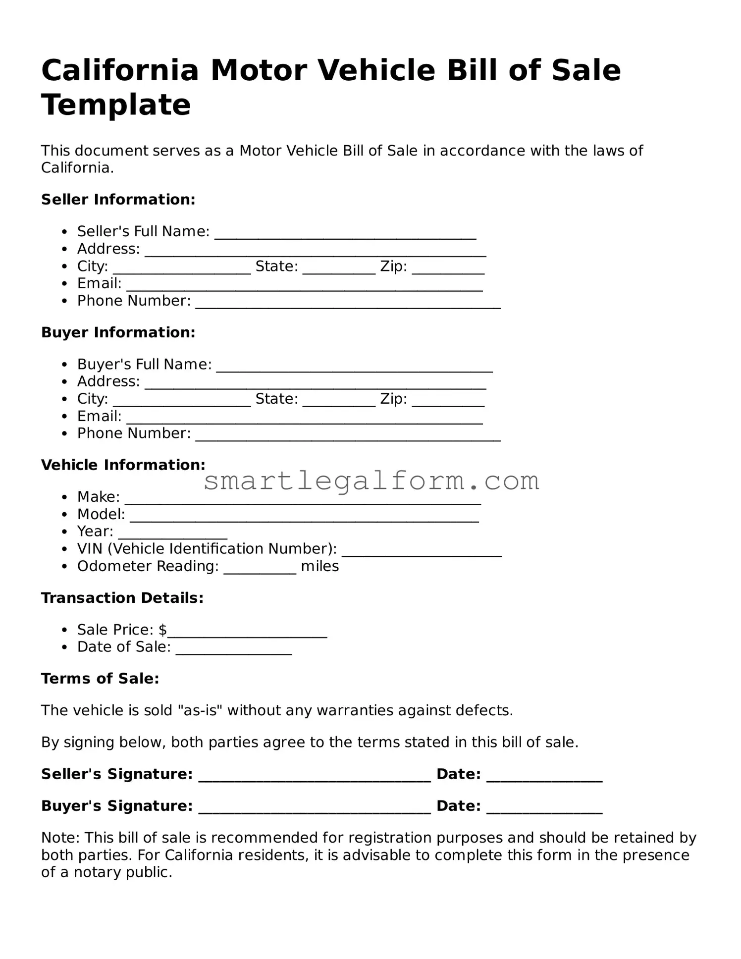 Printable California Motor Vehicle Bill of Sale Document