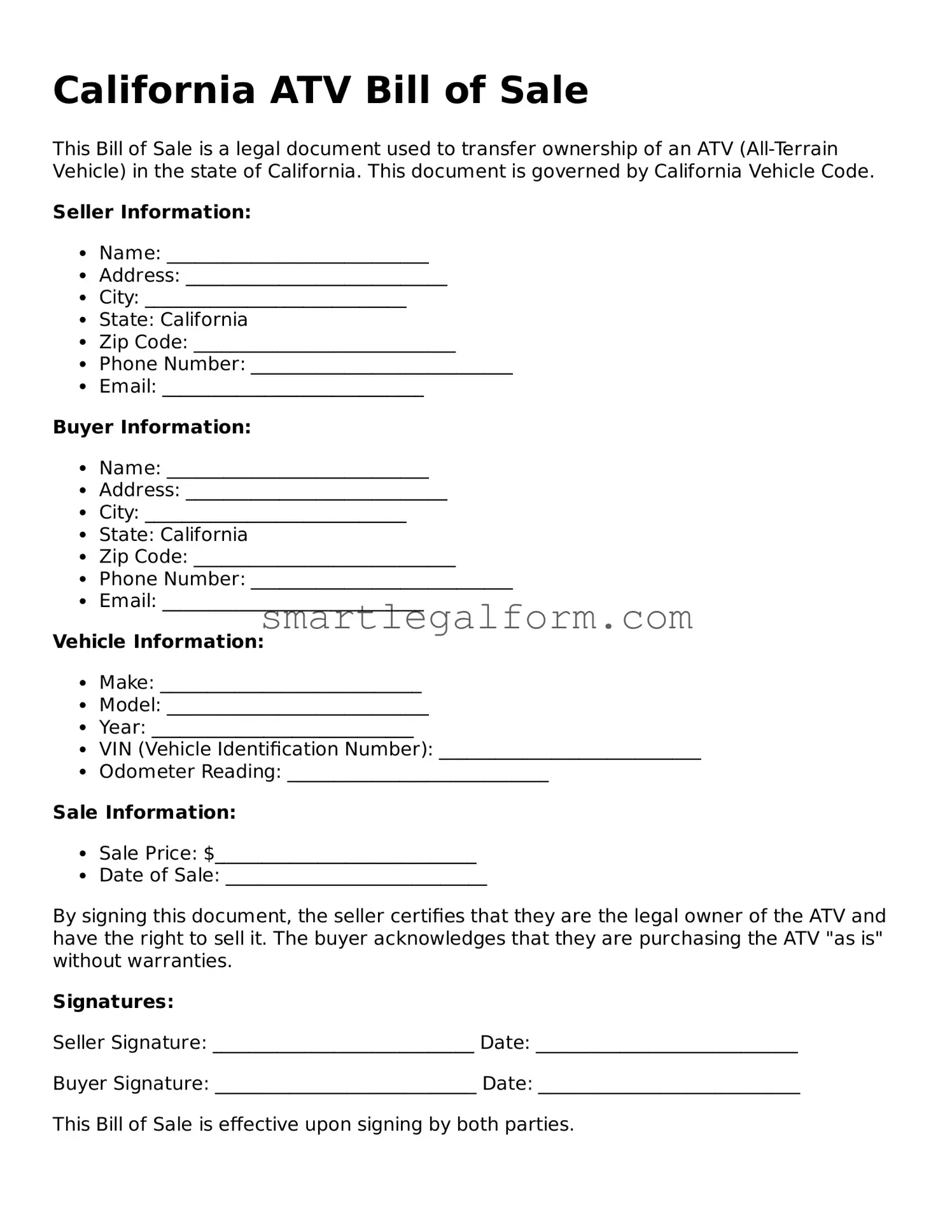 Printable California ATV Bill of Sale Document