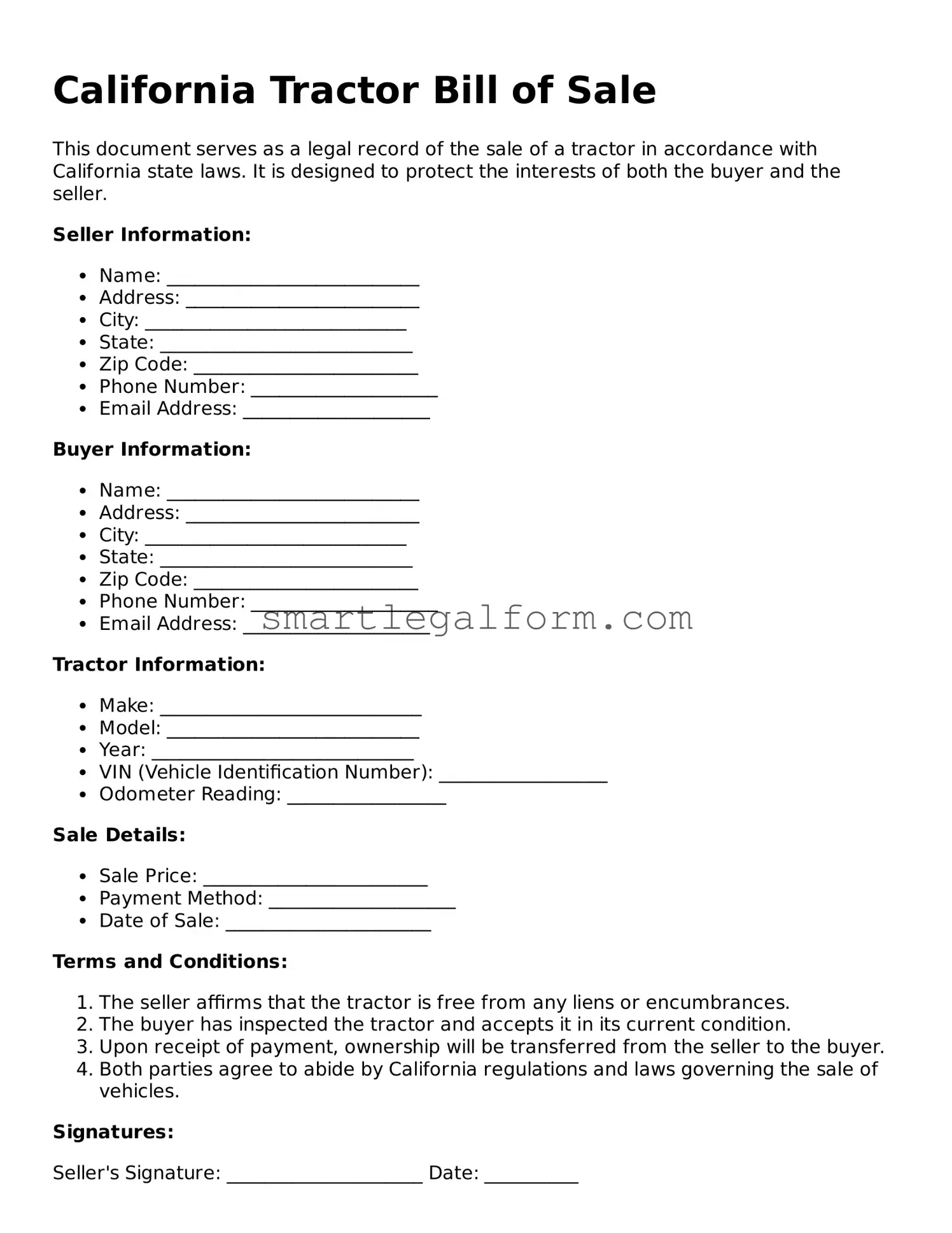 Printable California Tractor Bill of Sale Document