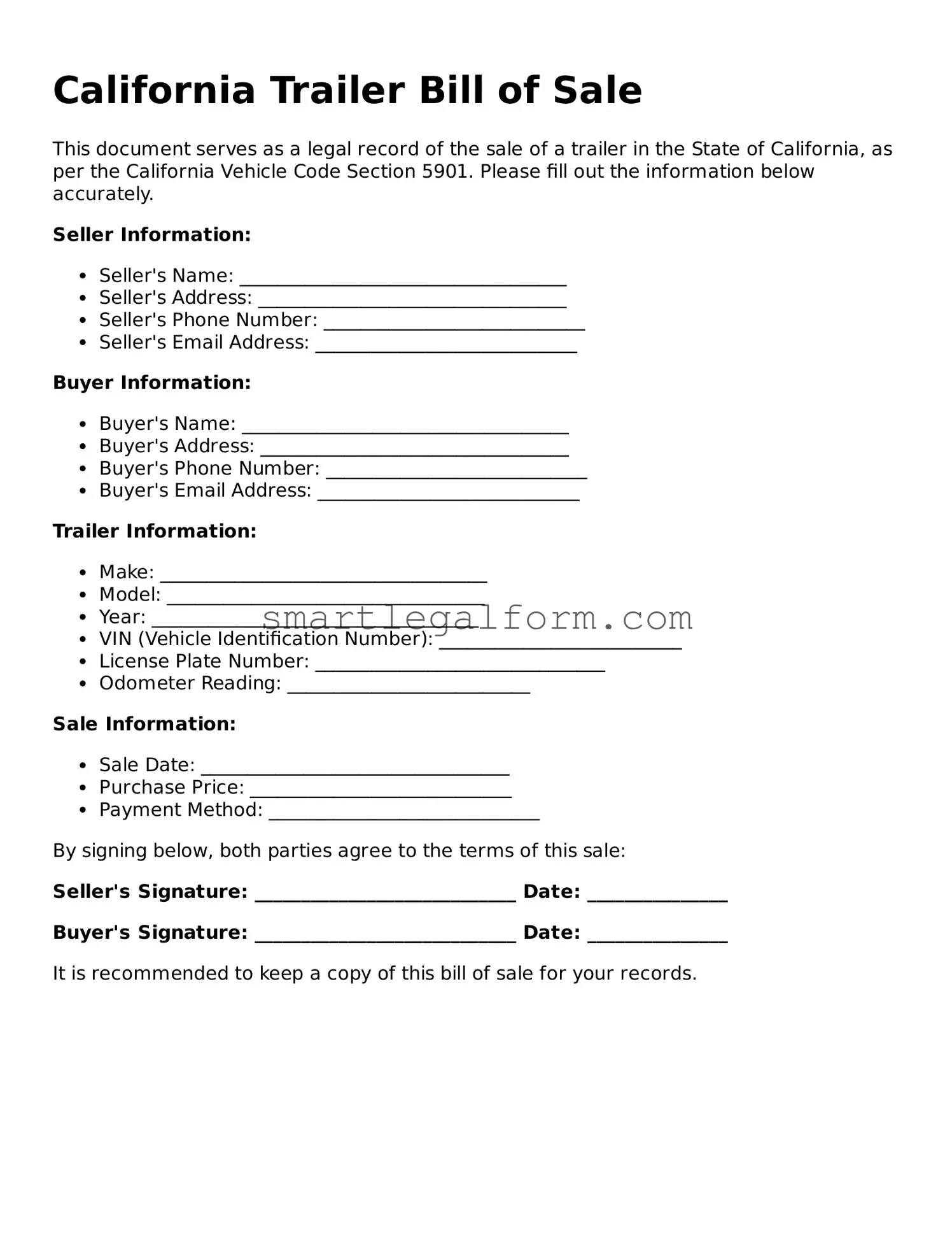 Printable California Trailer Bill of Sale Document