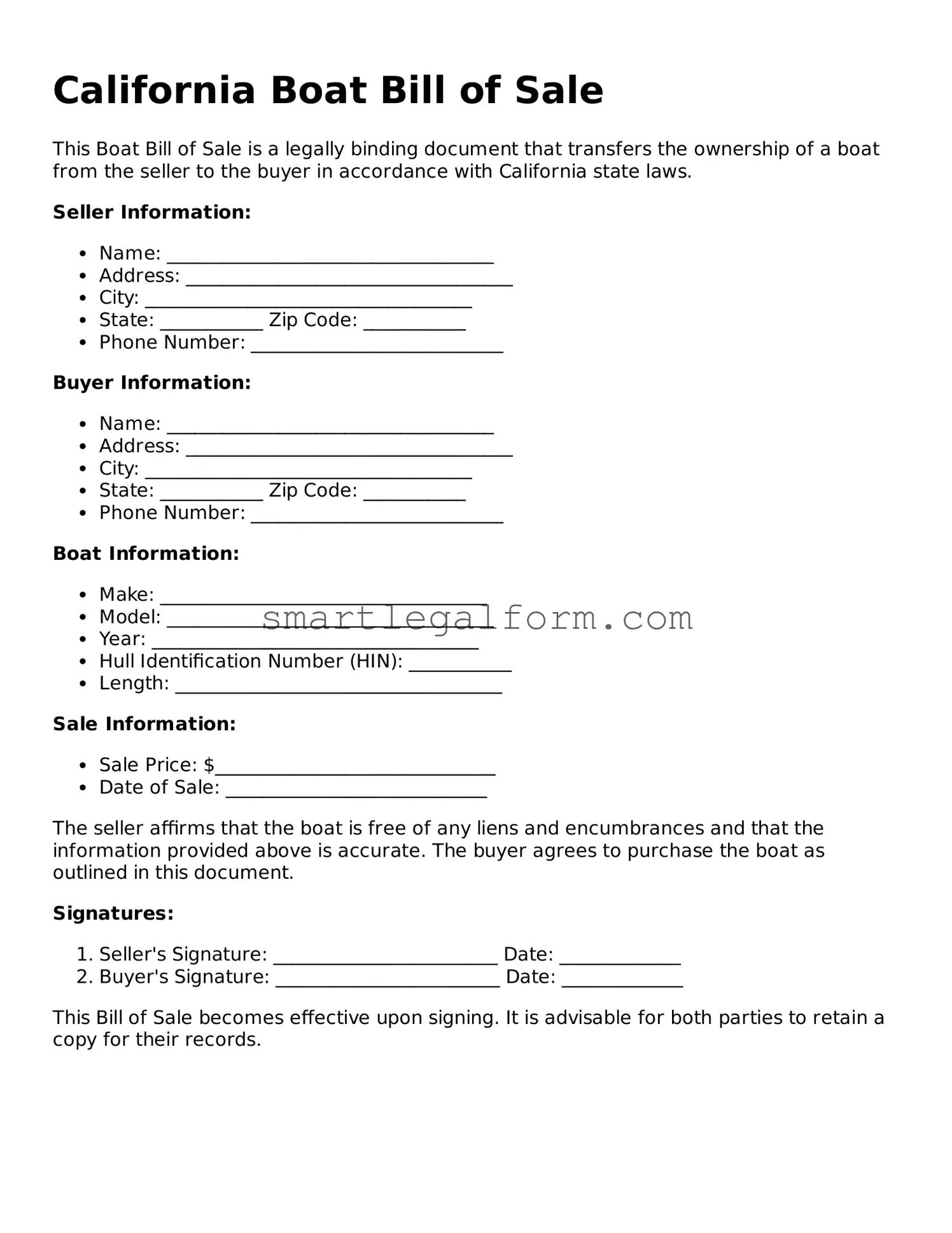 Printable California Boat Bill of Sale Document