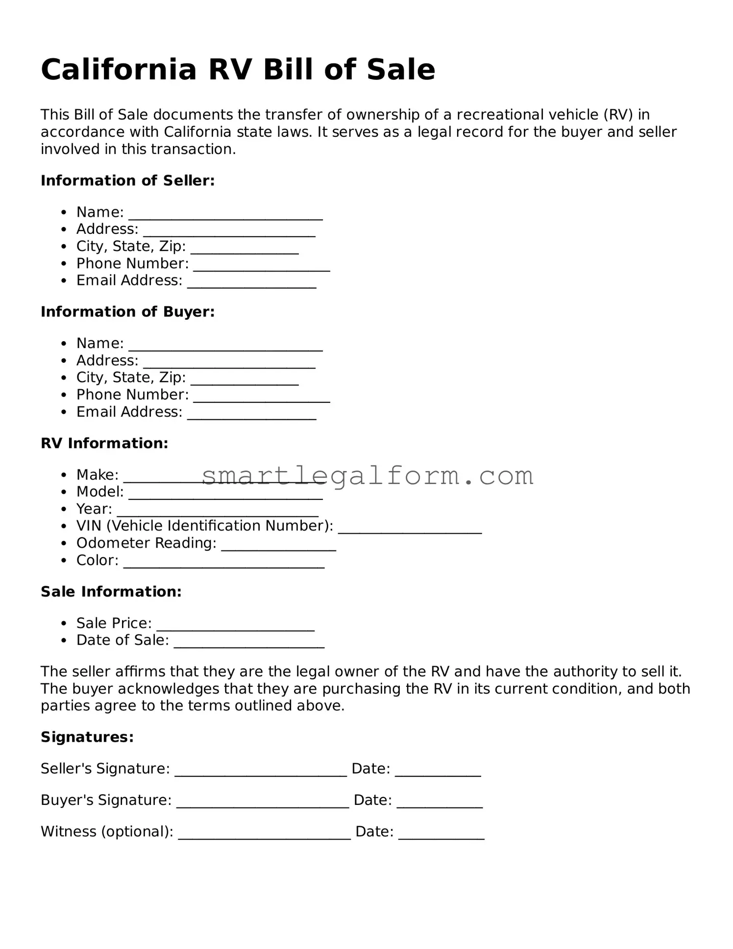 Printable California RV Bill of Sale Document