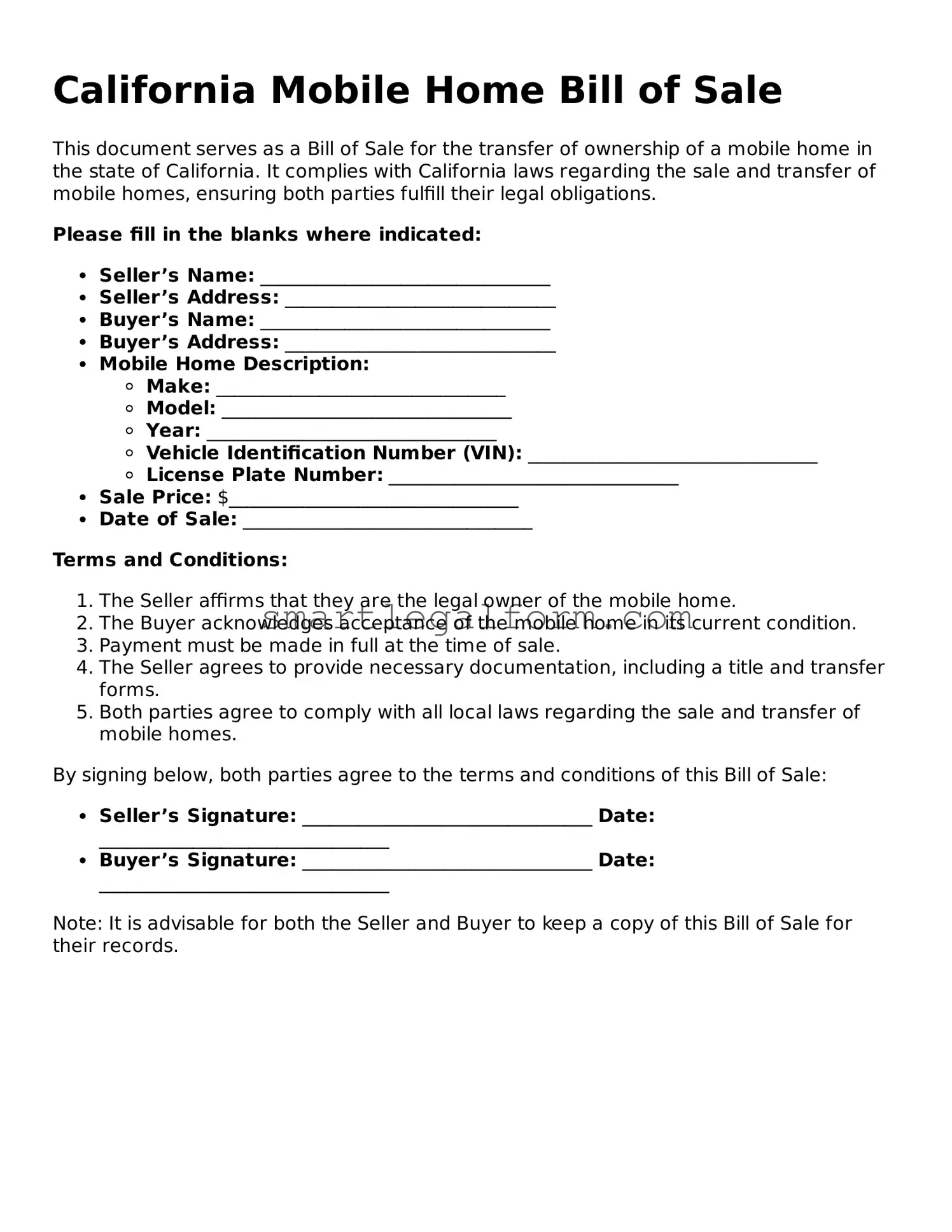 Printable California Mobile Home Bill of Sale Document