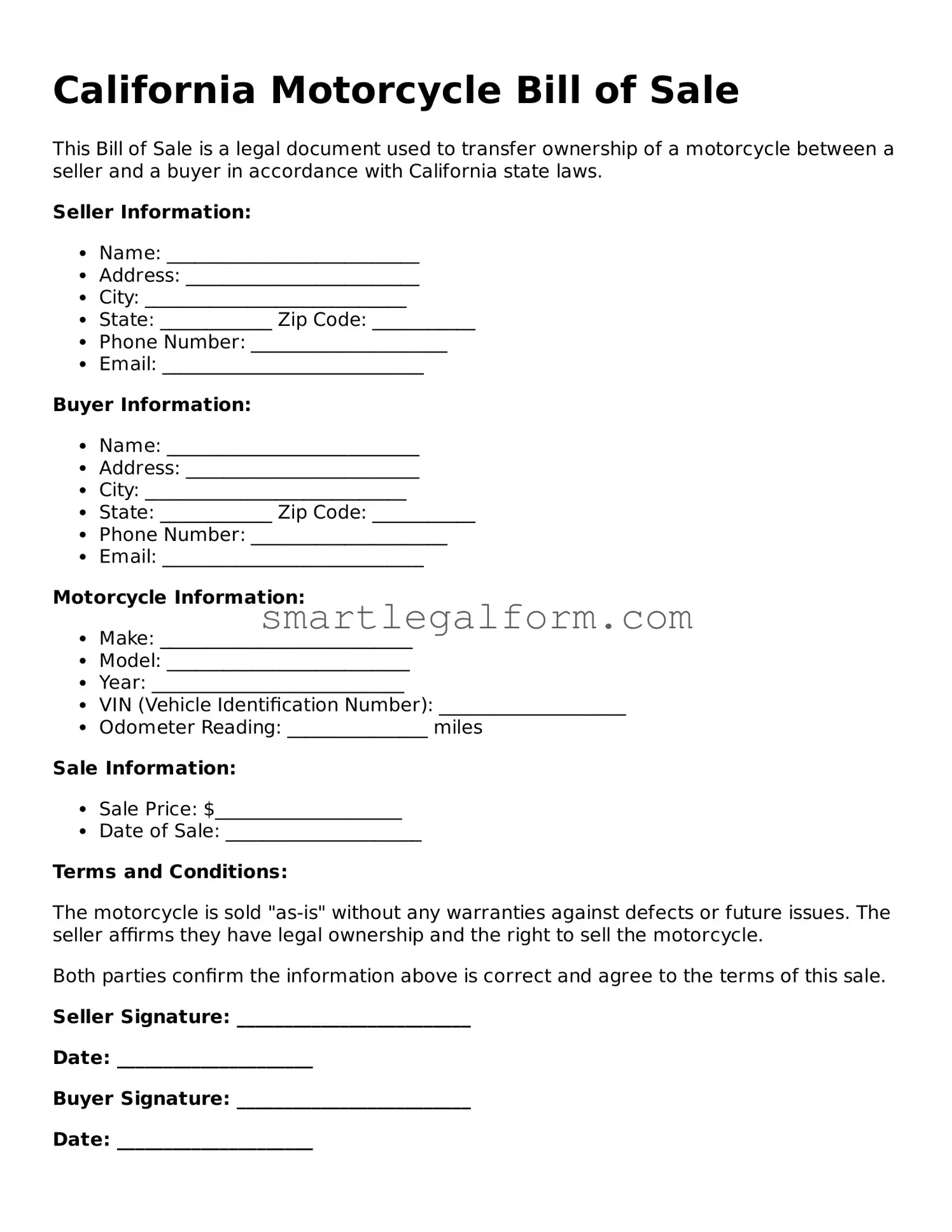 Printable California Motorcycle Bill of Sale Document
