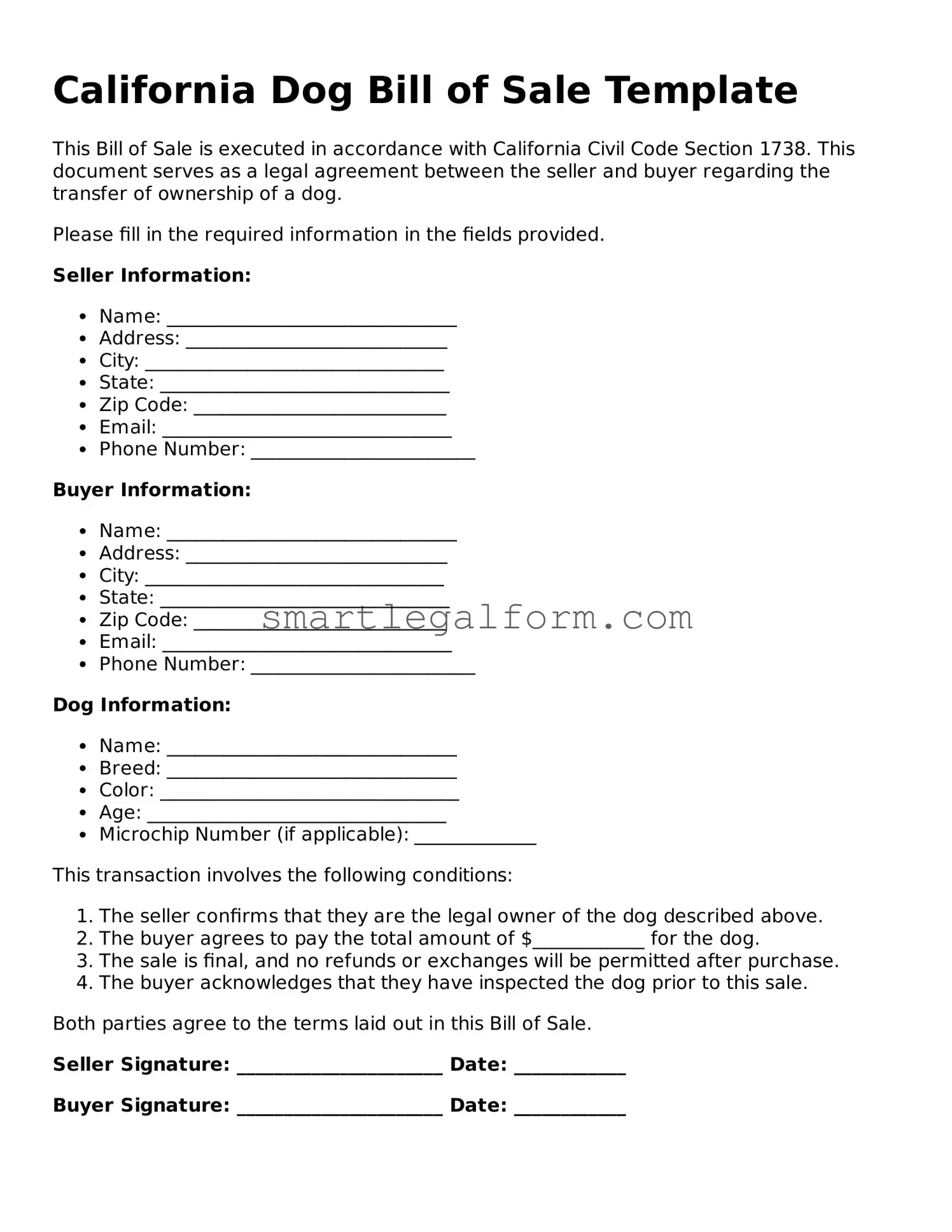 Printable California Dog Bill of Sale Document
