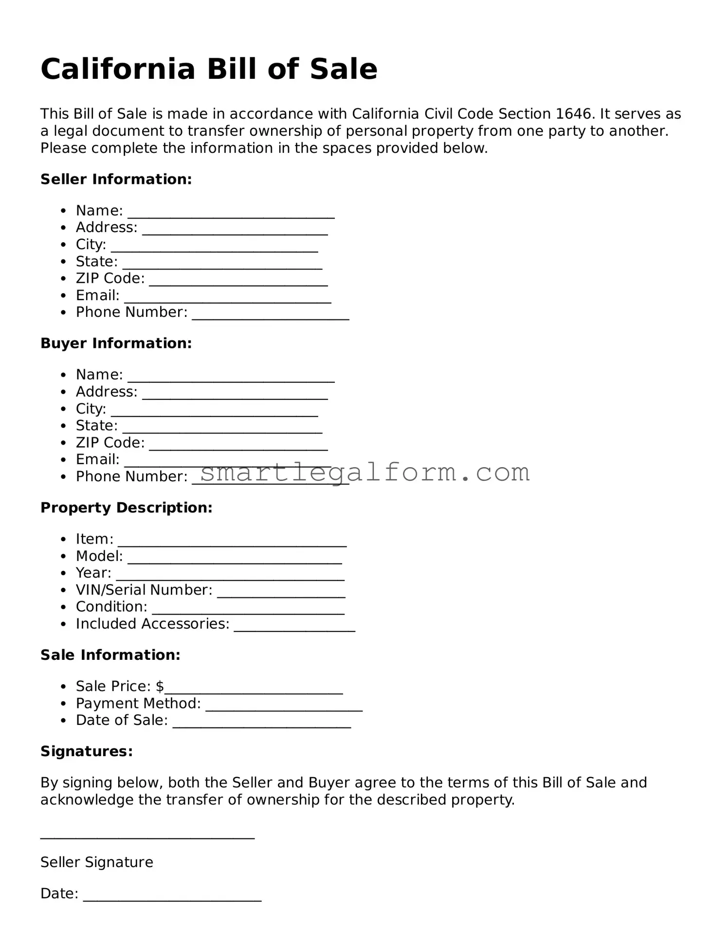 Printable California Bill of Sale Document