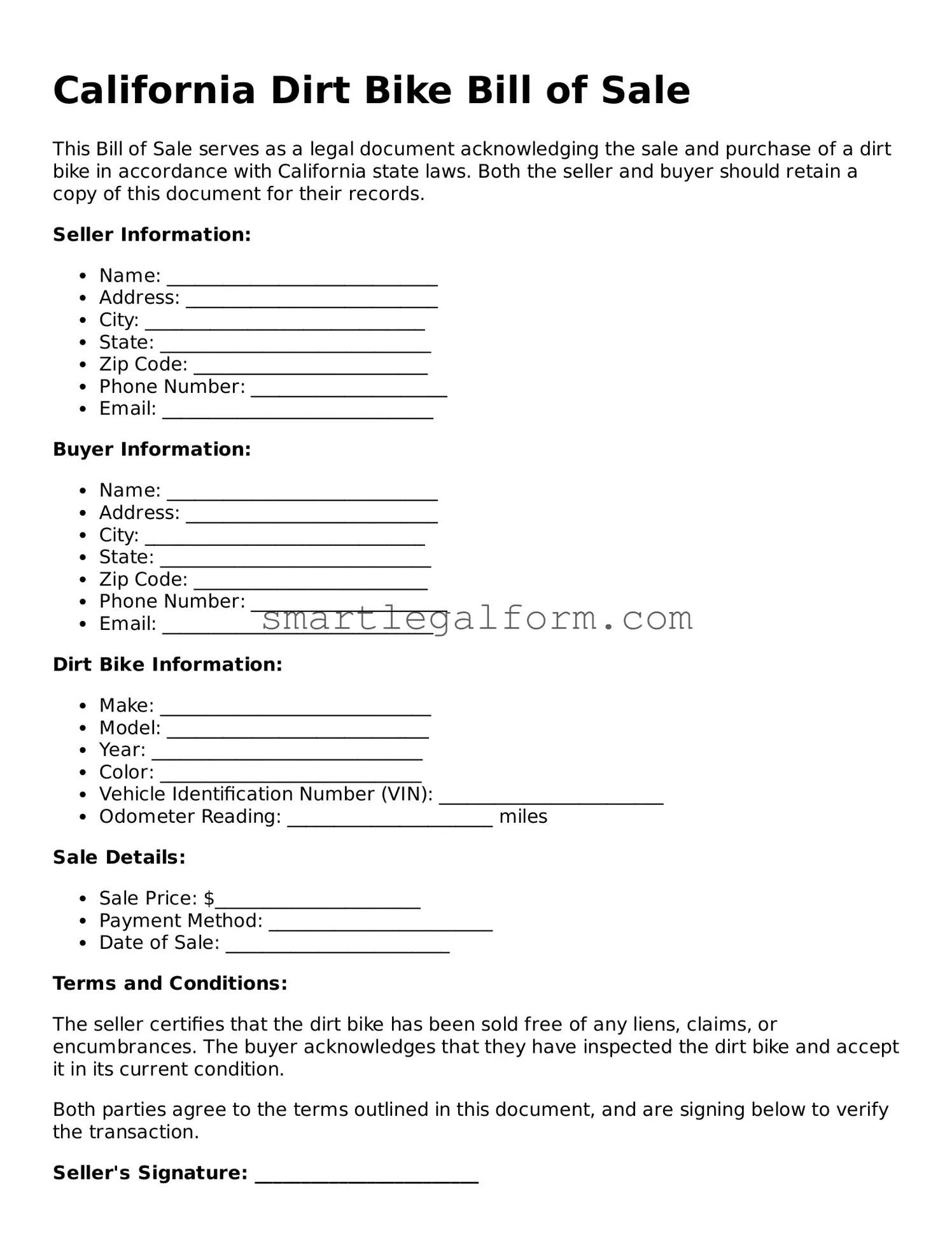 Printable California Dirt Bike Bill of Sale Document