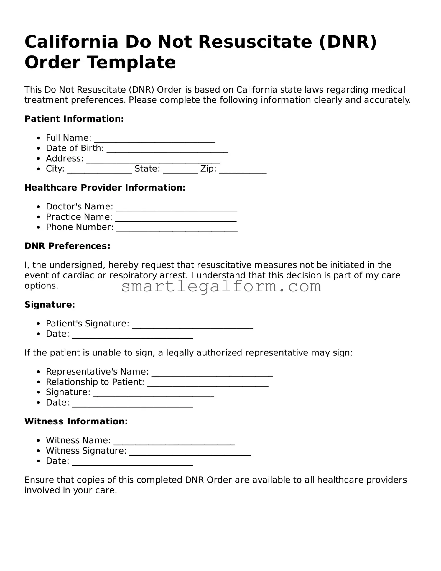 Printable California Do Not Resuscitate Order Document
