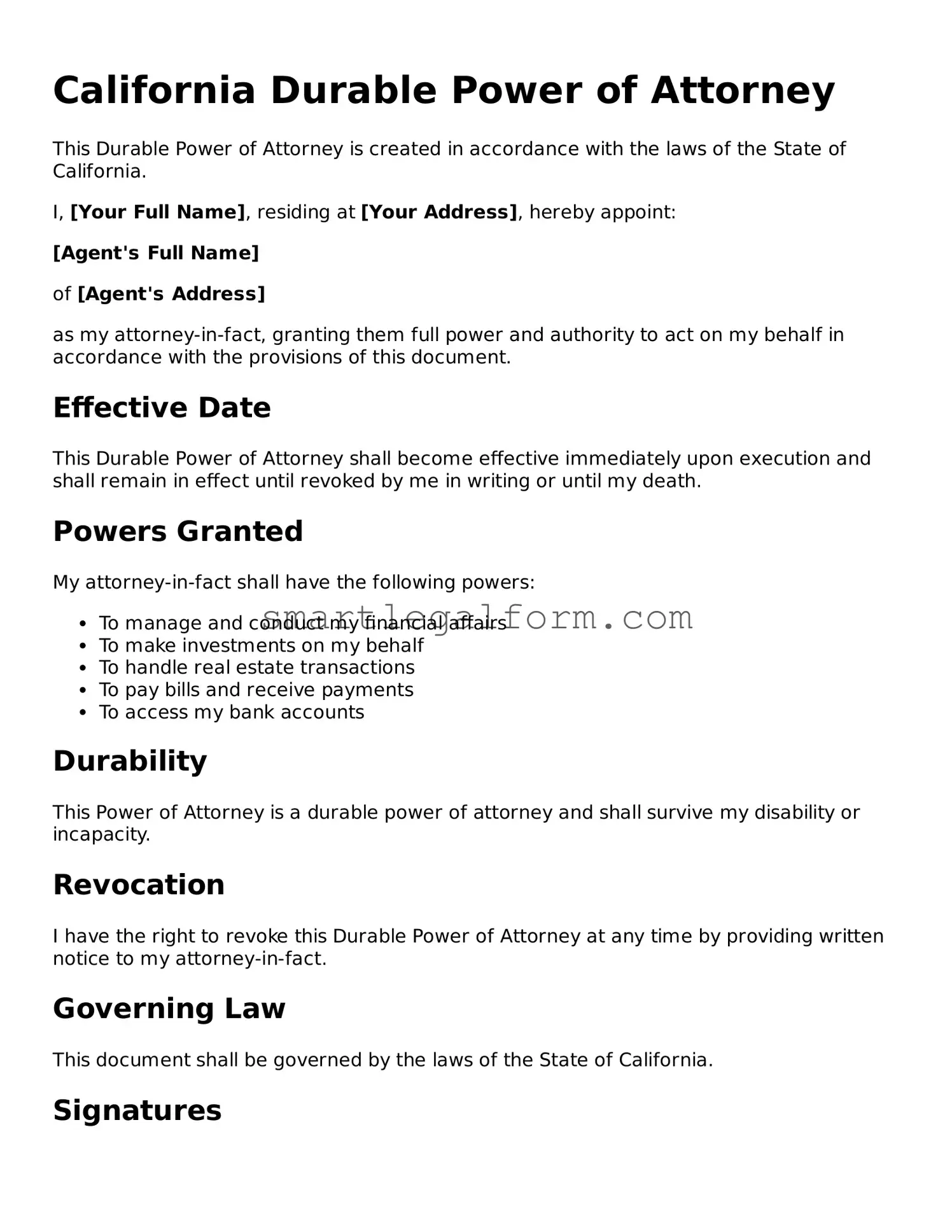 Printable California Durable Power of Attorney Document