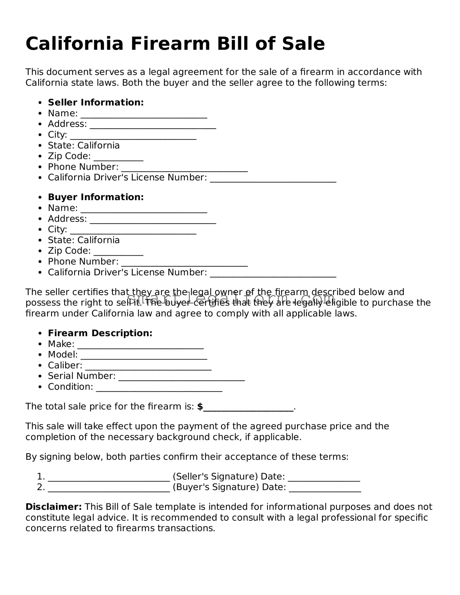 Printable California Firearm Bill of Sale Document