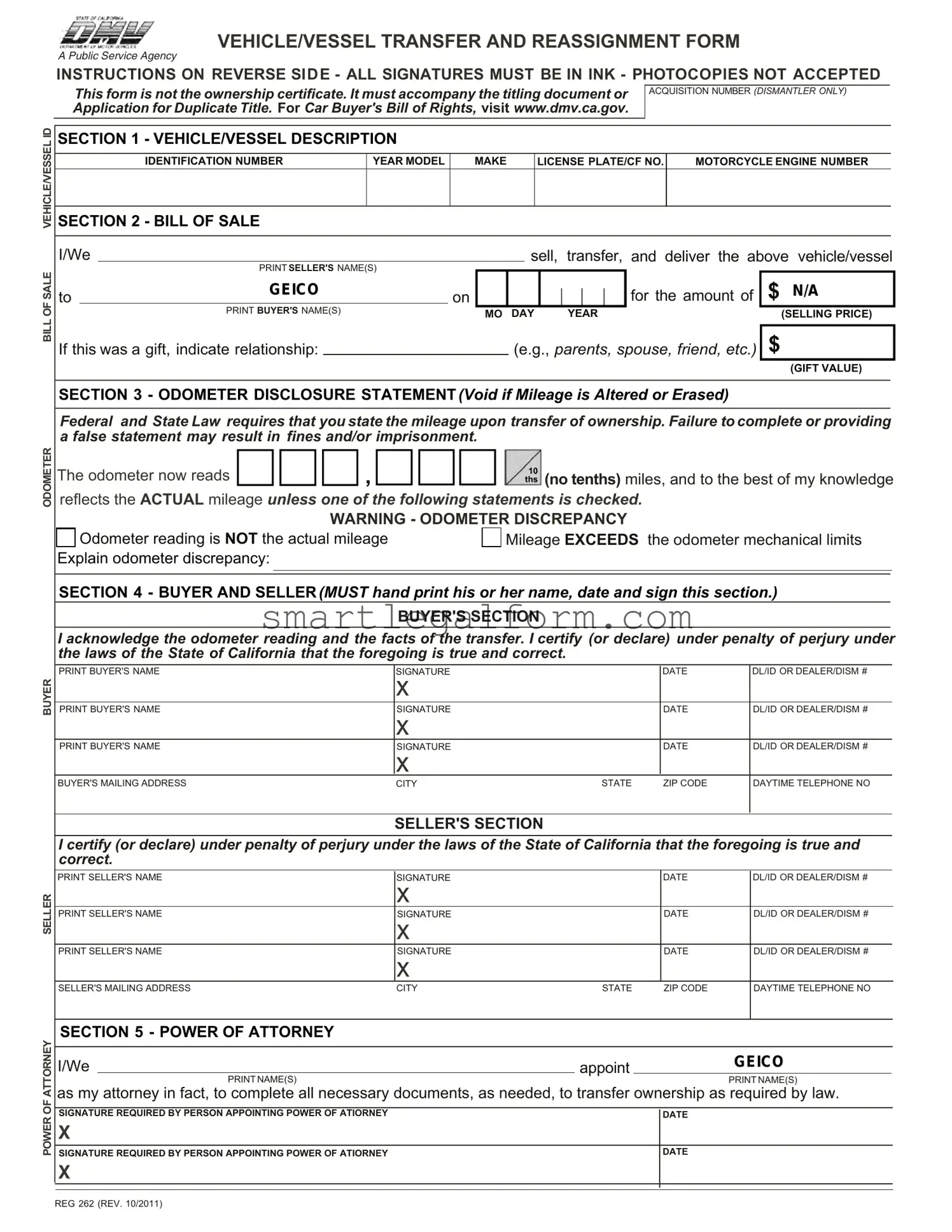Free California Fotm Reg 262 Form