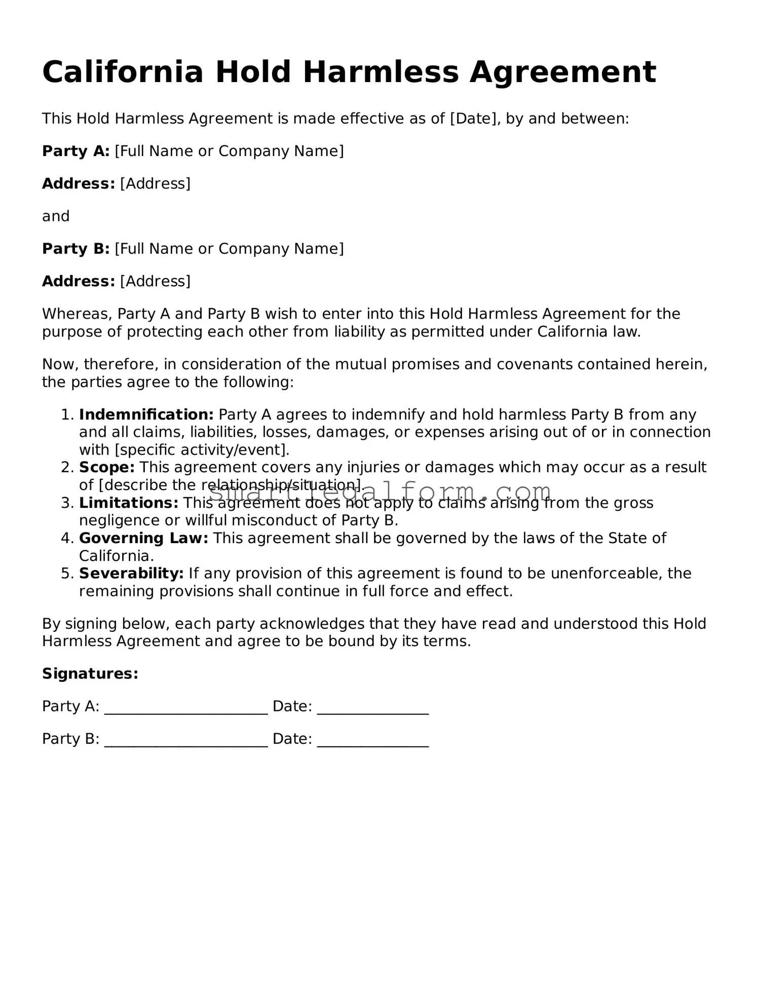Printable California Hold Harmless Agreement Document