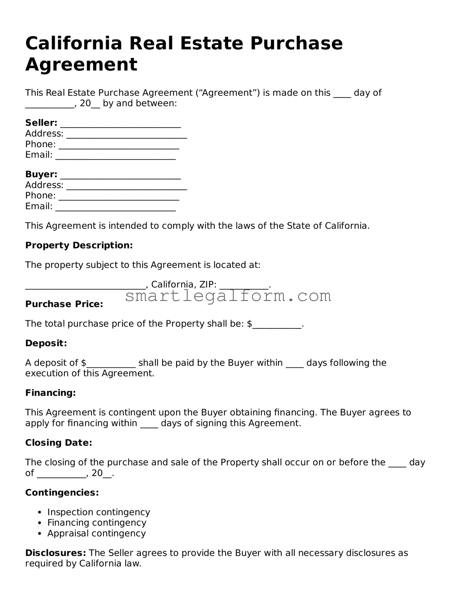 Printable California Real Estate Purchase Agreement Document