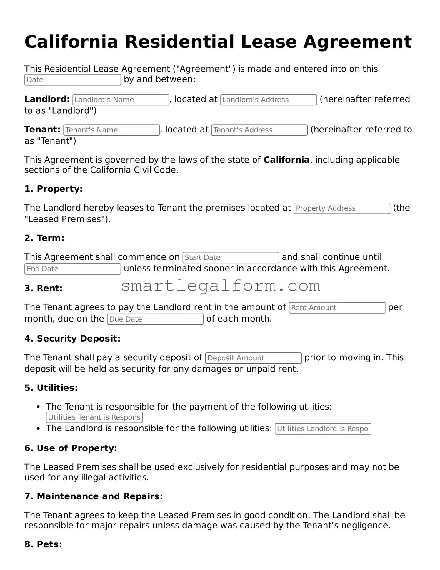 Printable California Residential Lease Agreement Document