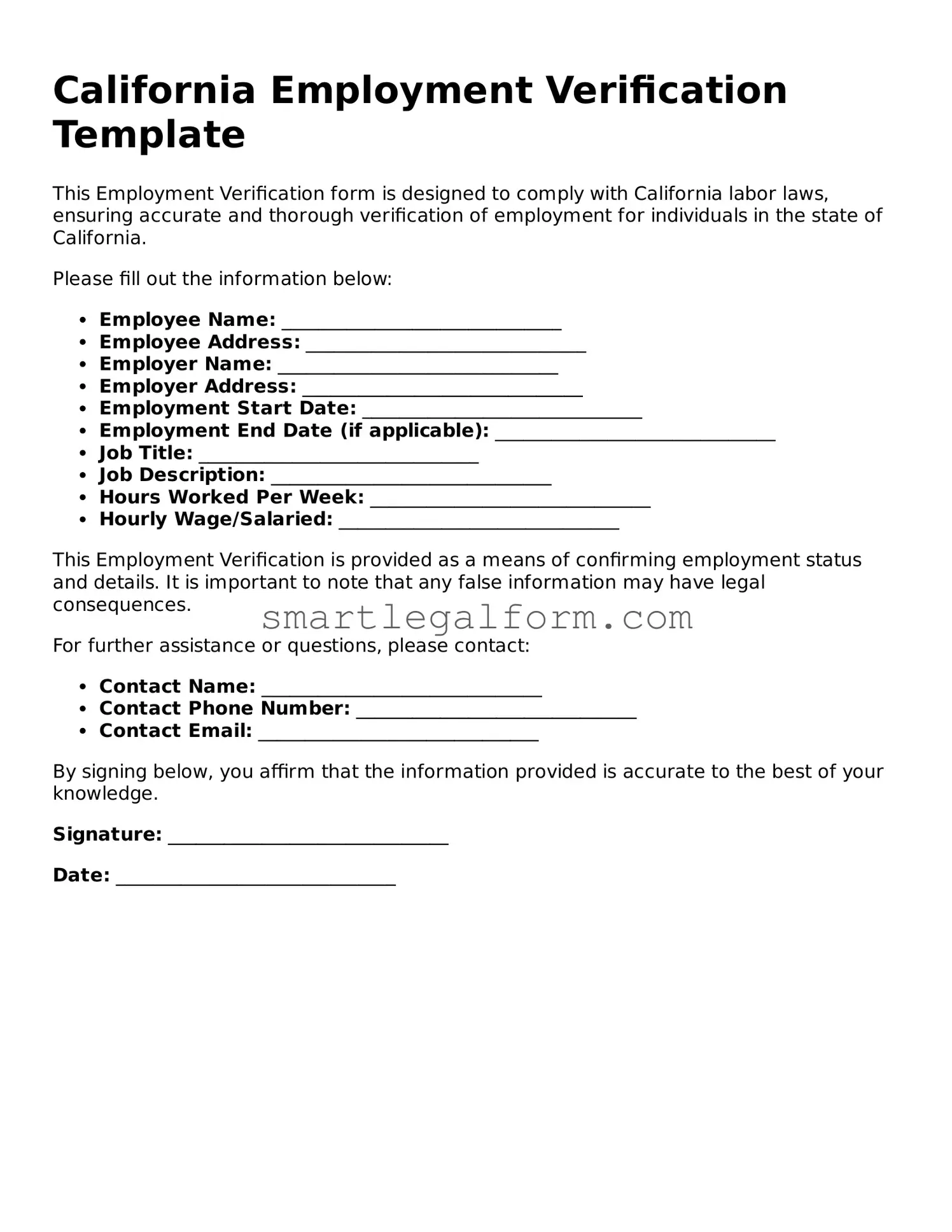Printable California Employment Verification Document