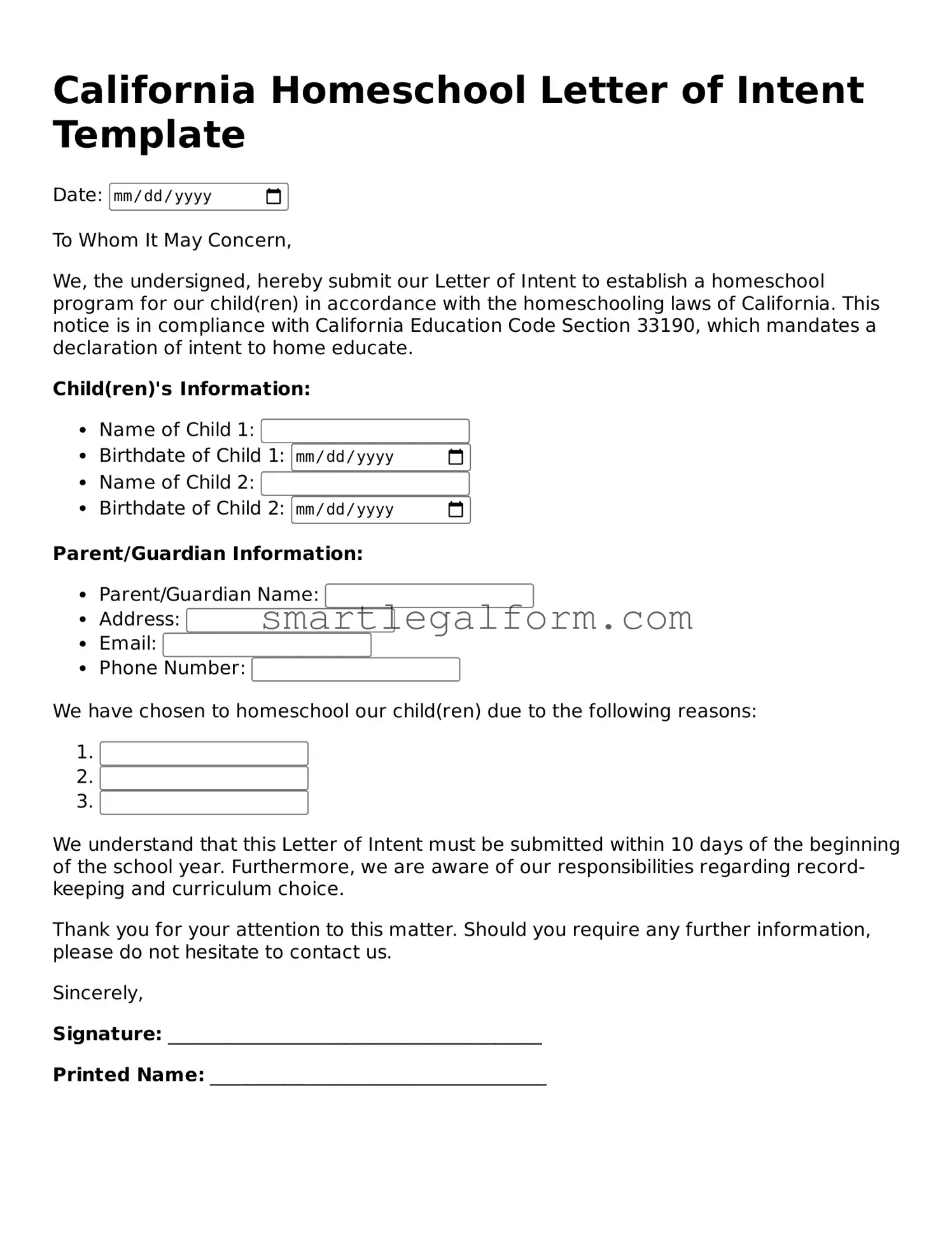 Printable California Homeschool Letter of Intent Document