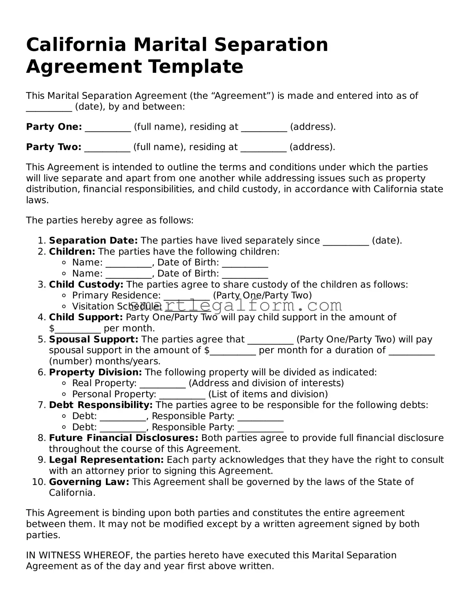 Printable California Marital Separation Agreement Document