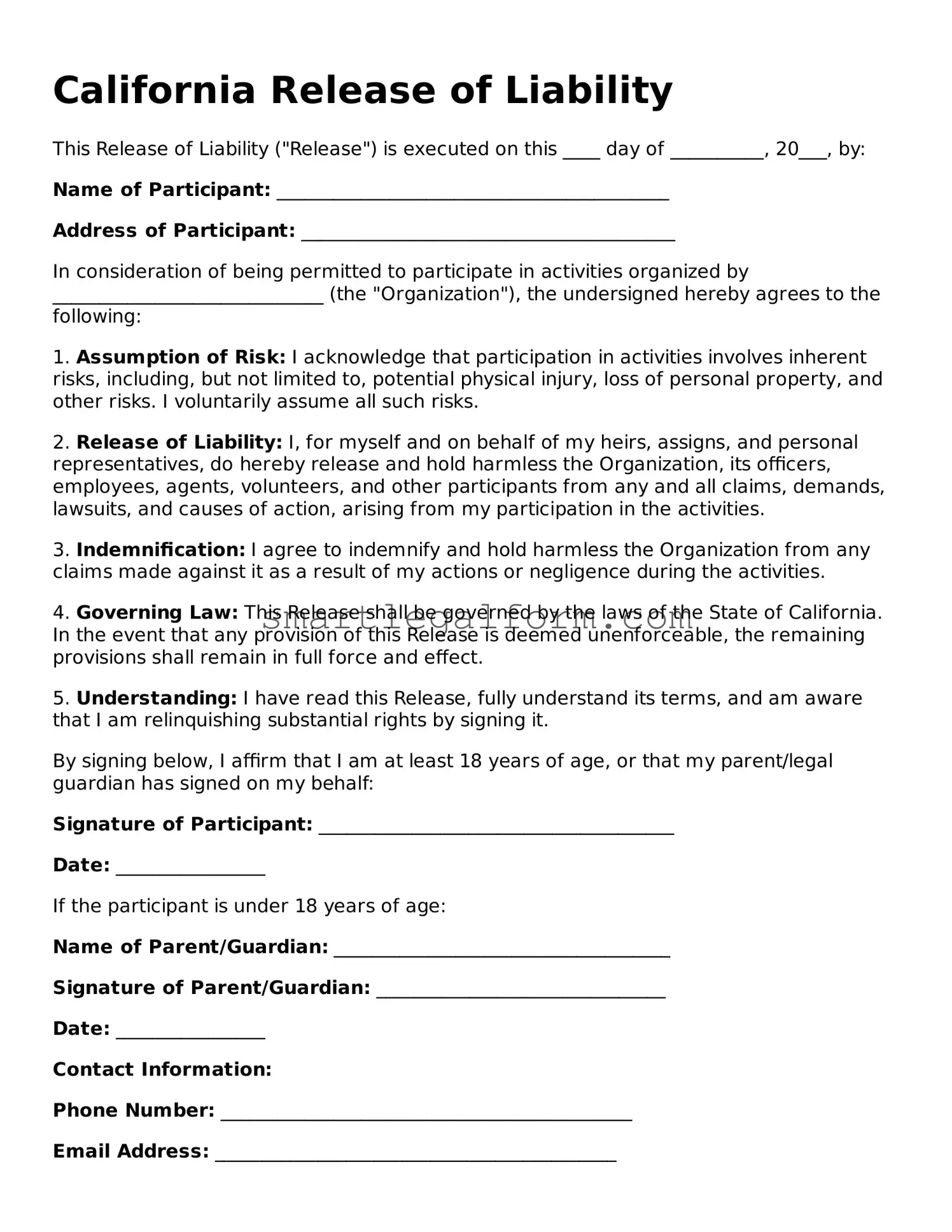 Printable California Release of Liability Document