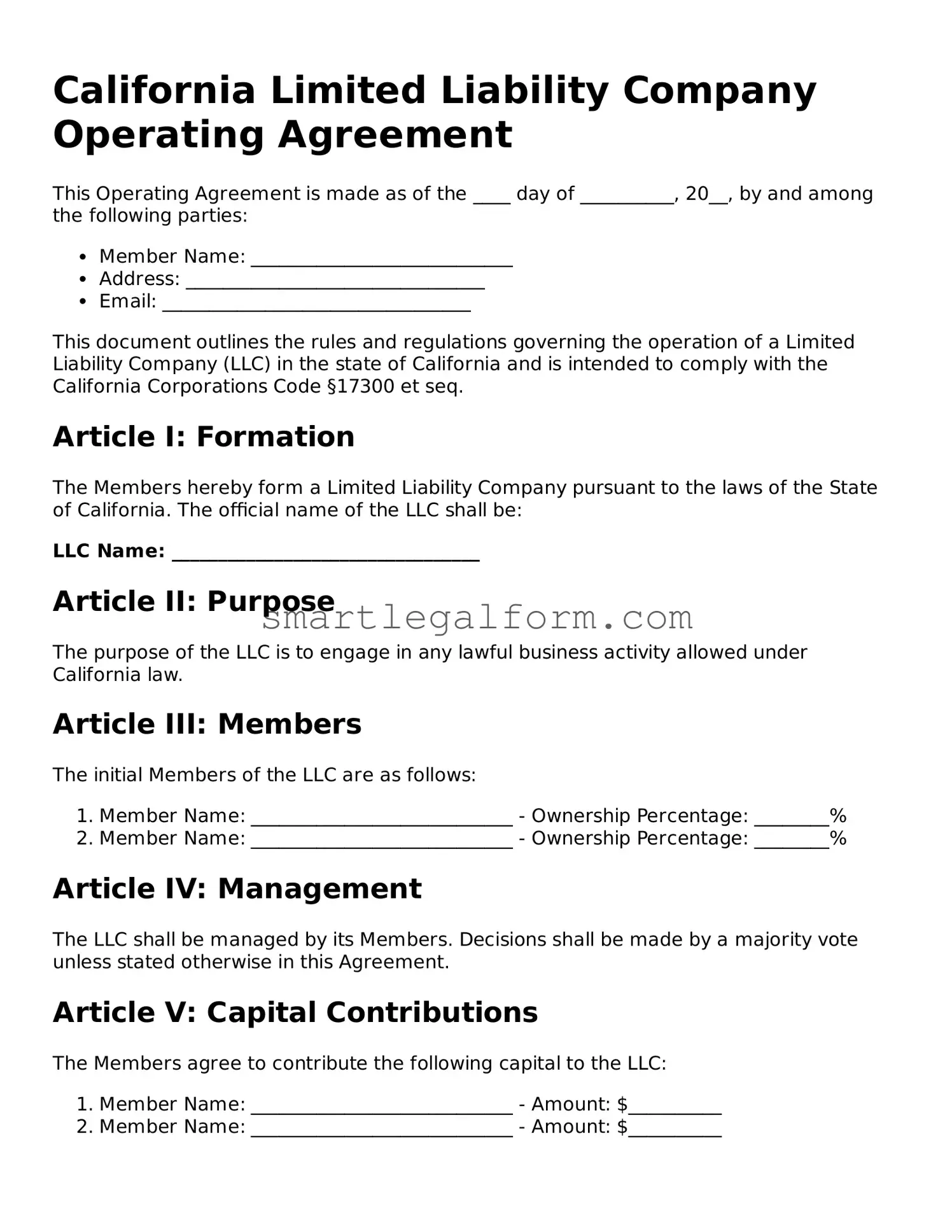 Printable California Operating Agreement Document
