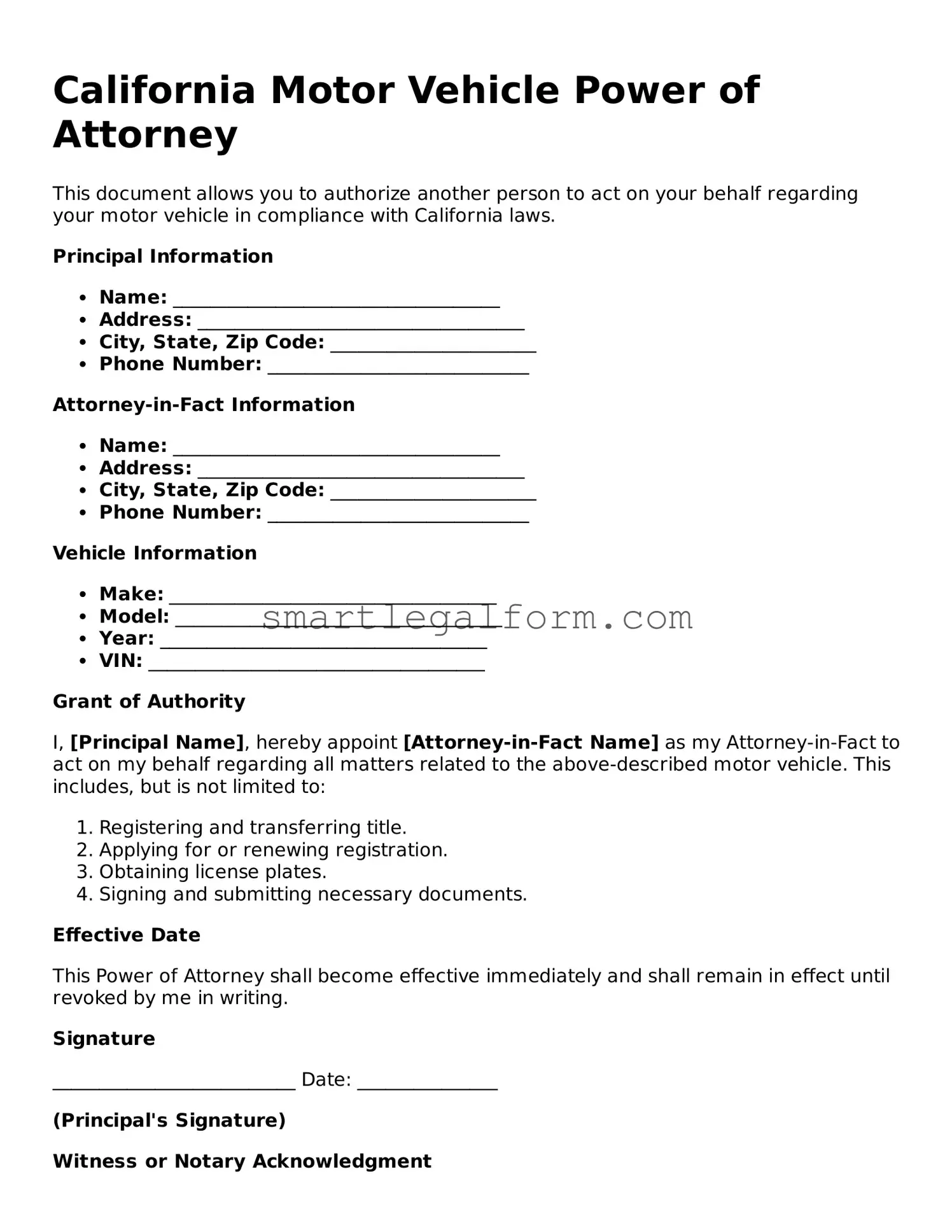 Printable California Motor Vehicle Power of Attorney Document