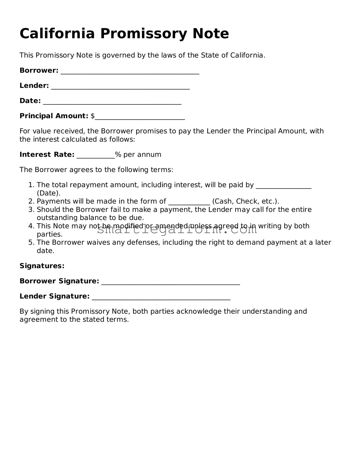 Printable California Promissory Note Document