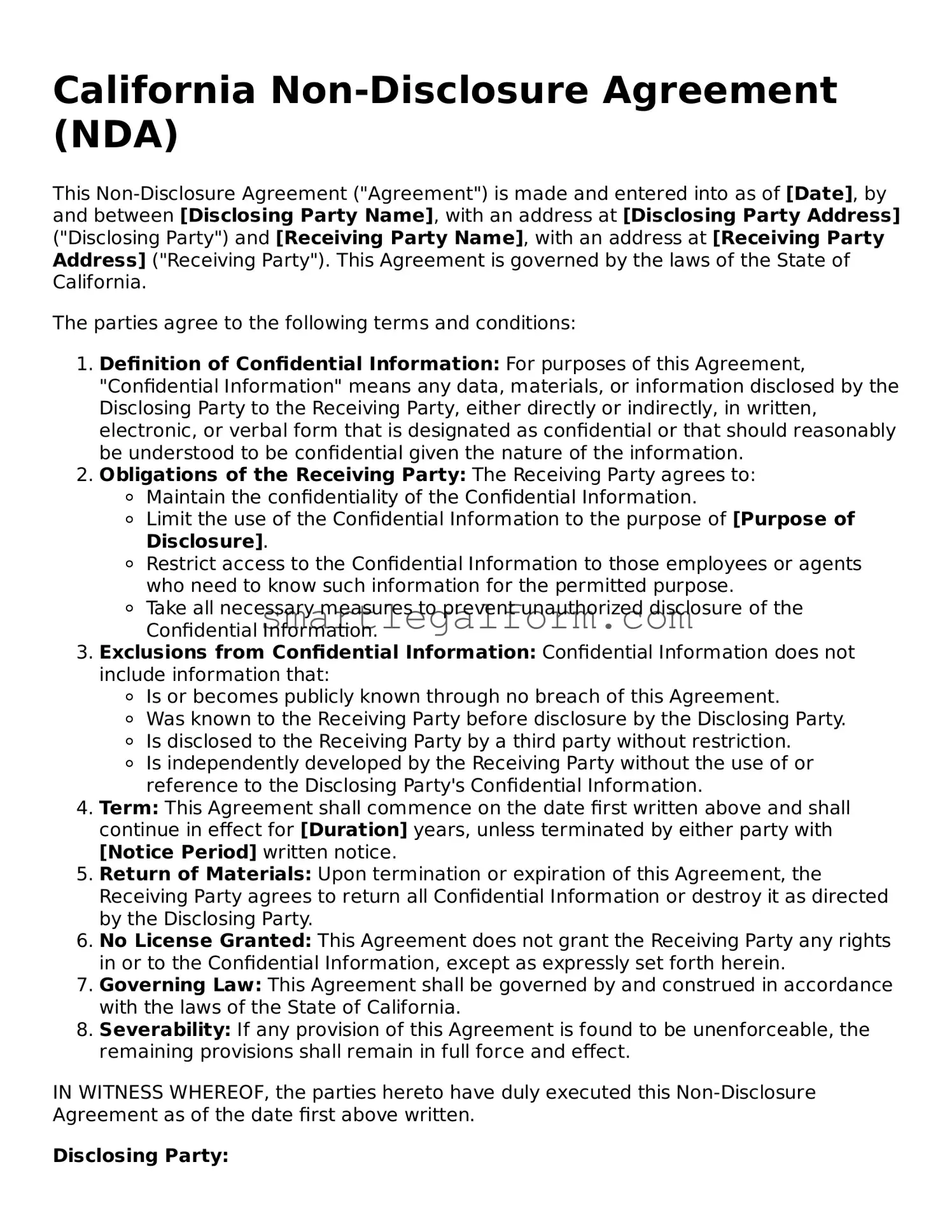 Printable California Non-disclosure Agreement Document