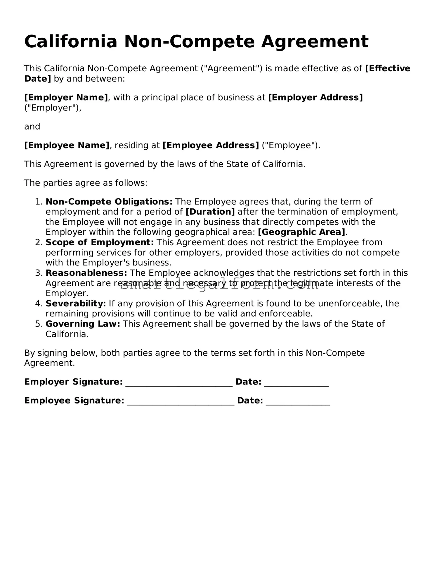 Printable California Non-compete Agreement Document