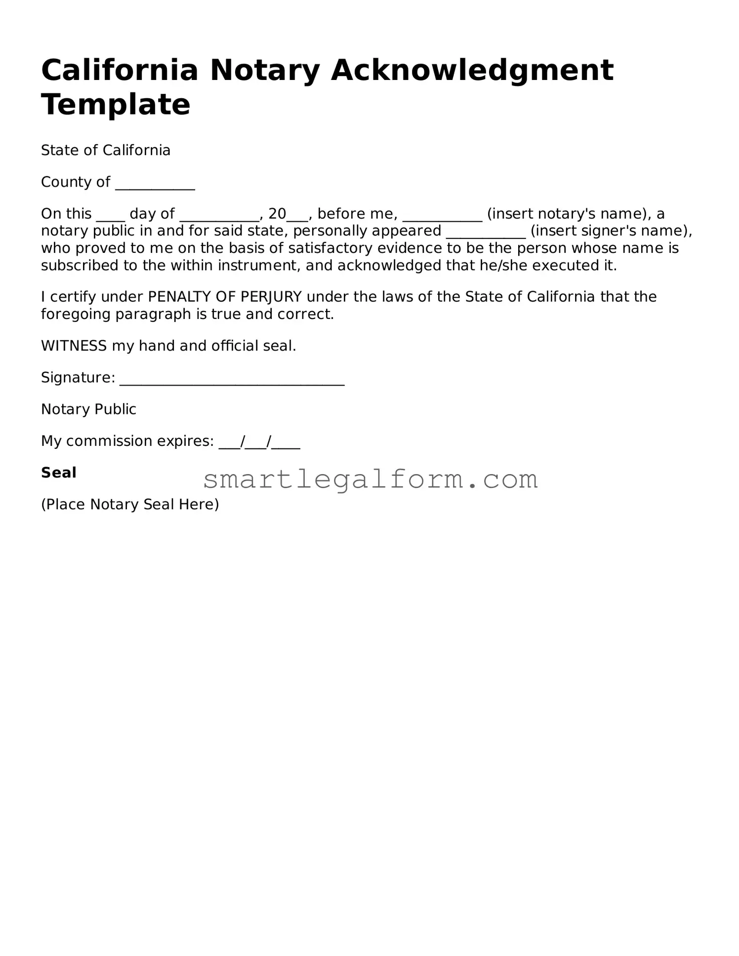Printable California Notary Acknowledgement Document