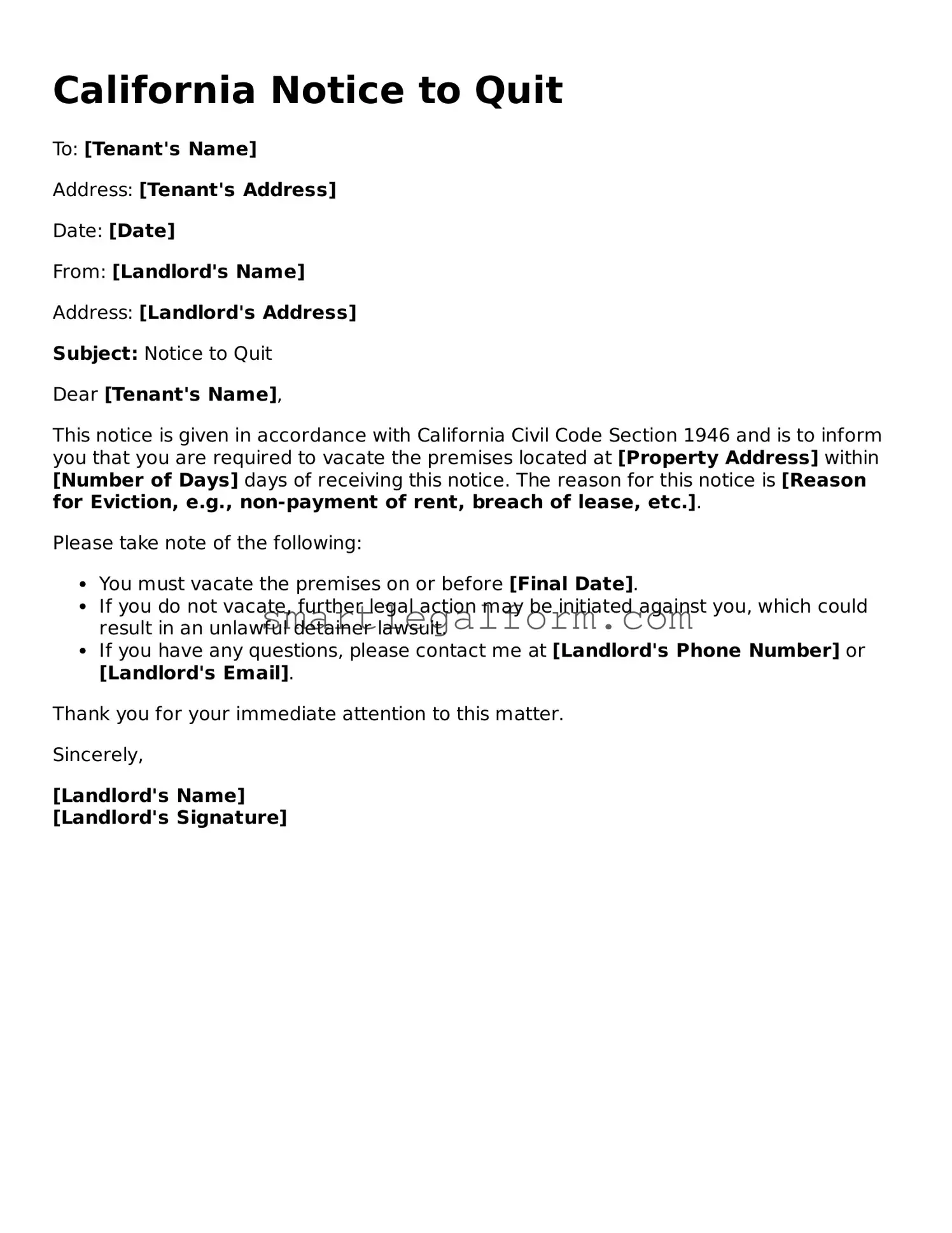 Printable California Notice to Quit Document