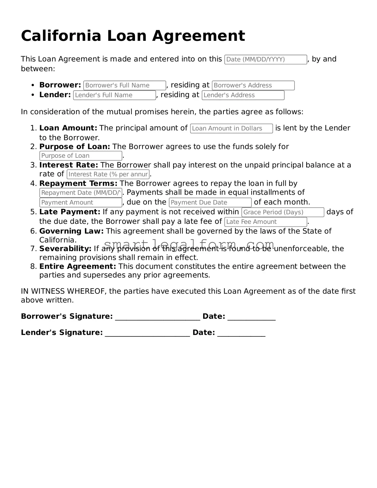 Printable California Loan Agreement Document