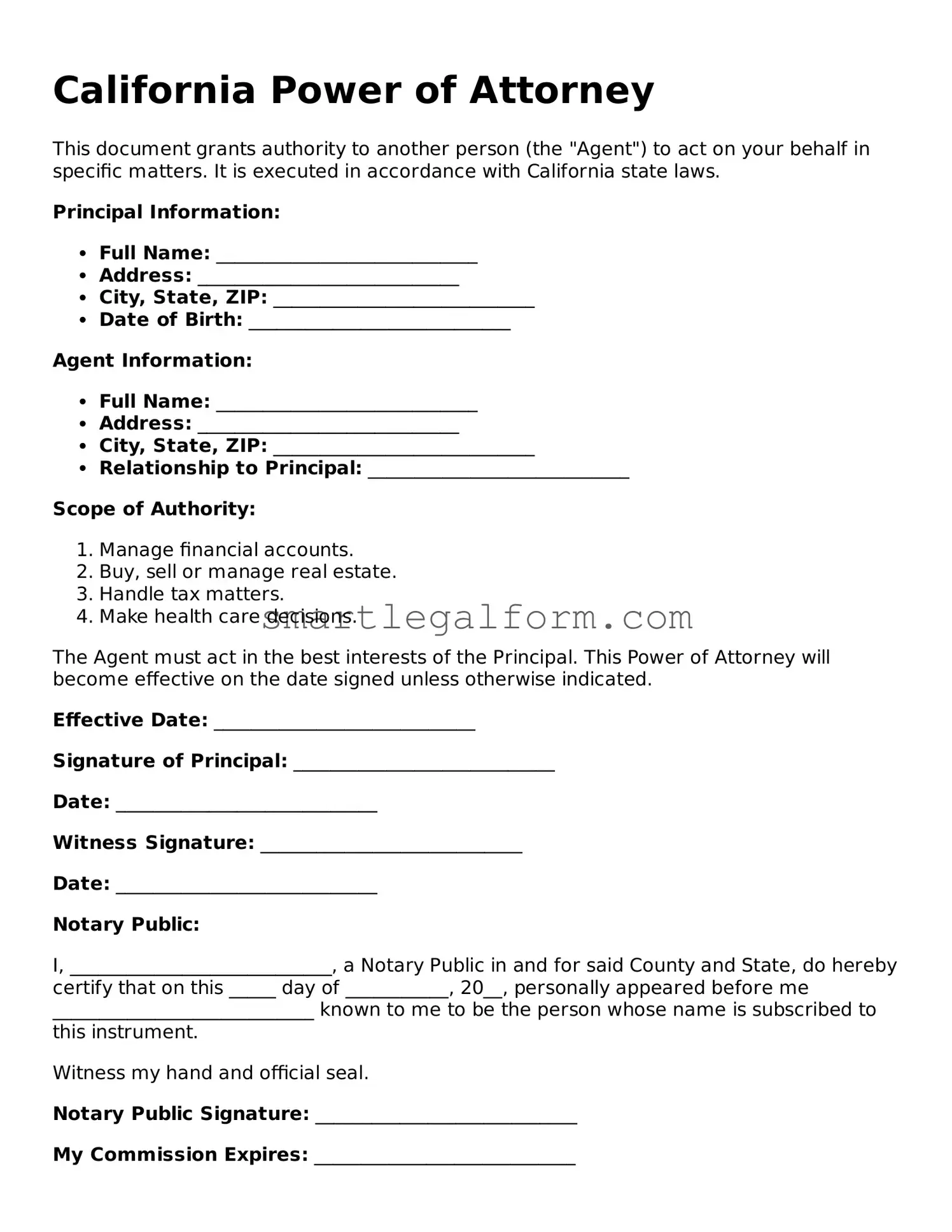 Printable California Power of Attorney Document