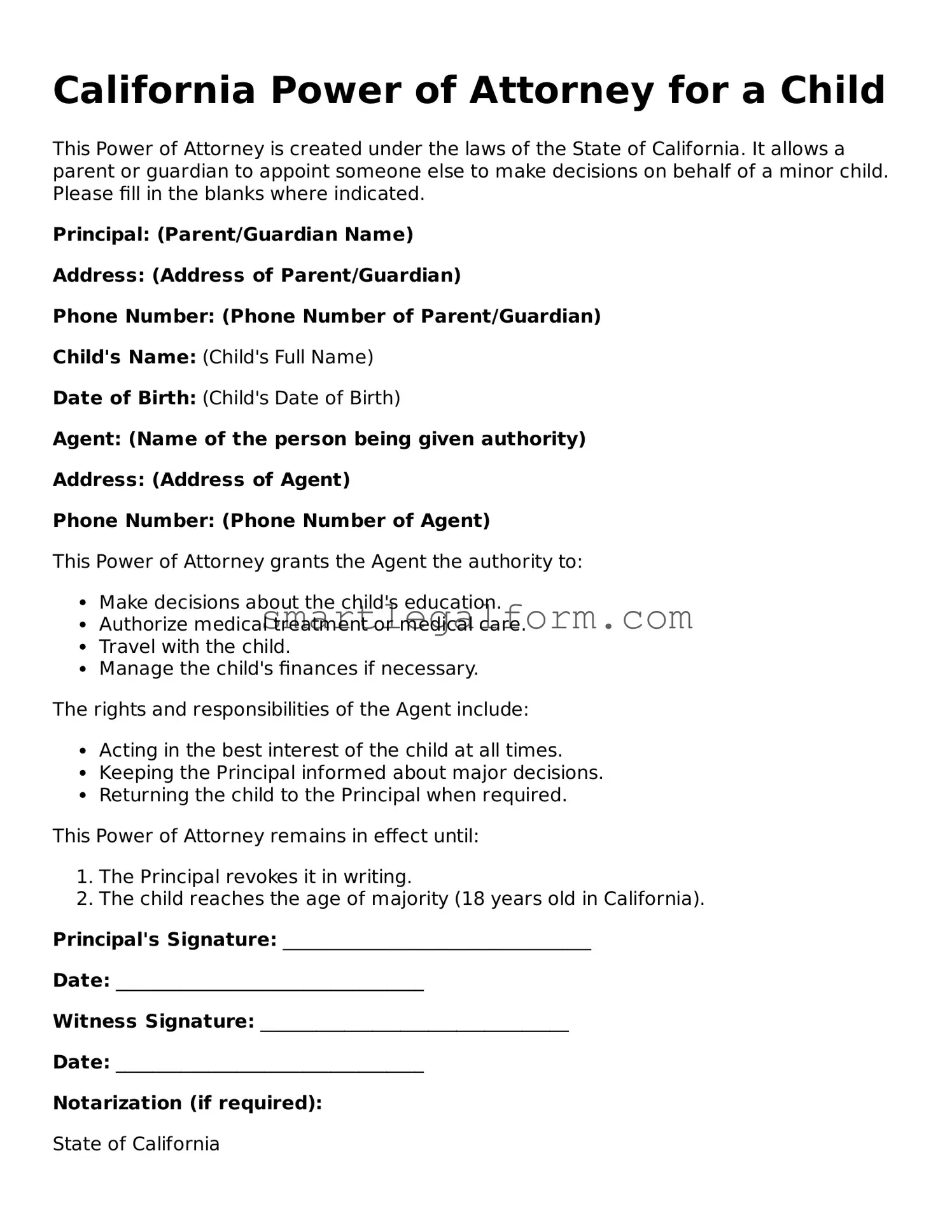 Printable California Power of Attorney for a Child Document