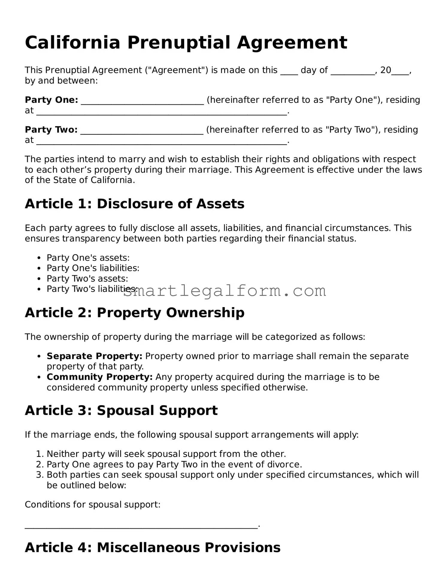 Printable California Prenuptial Agreement Document