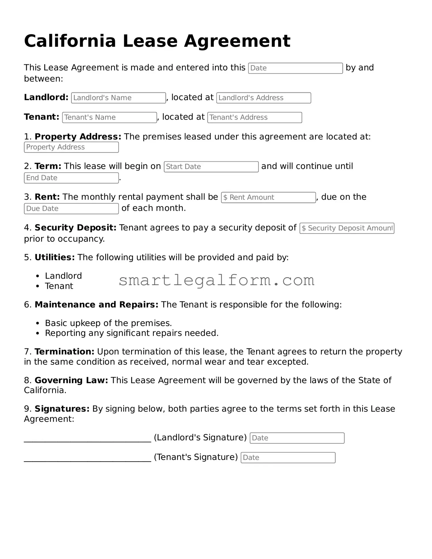 Printable California Lease Agreement Document