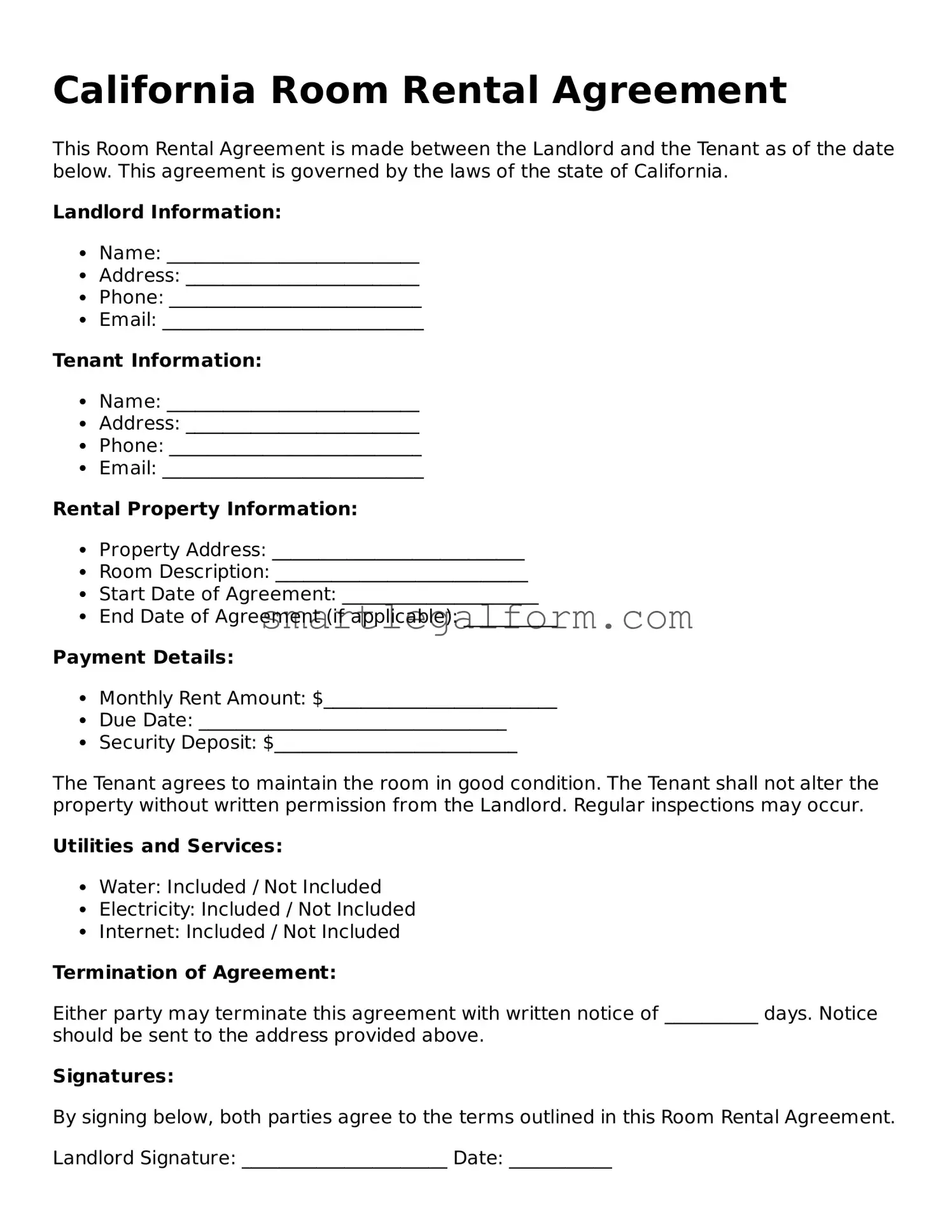 Printable California Room Rental Agreement Document