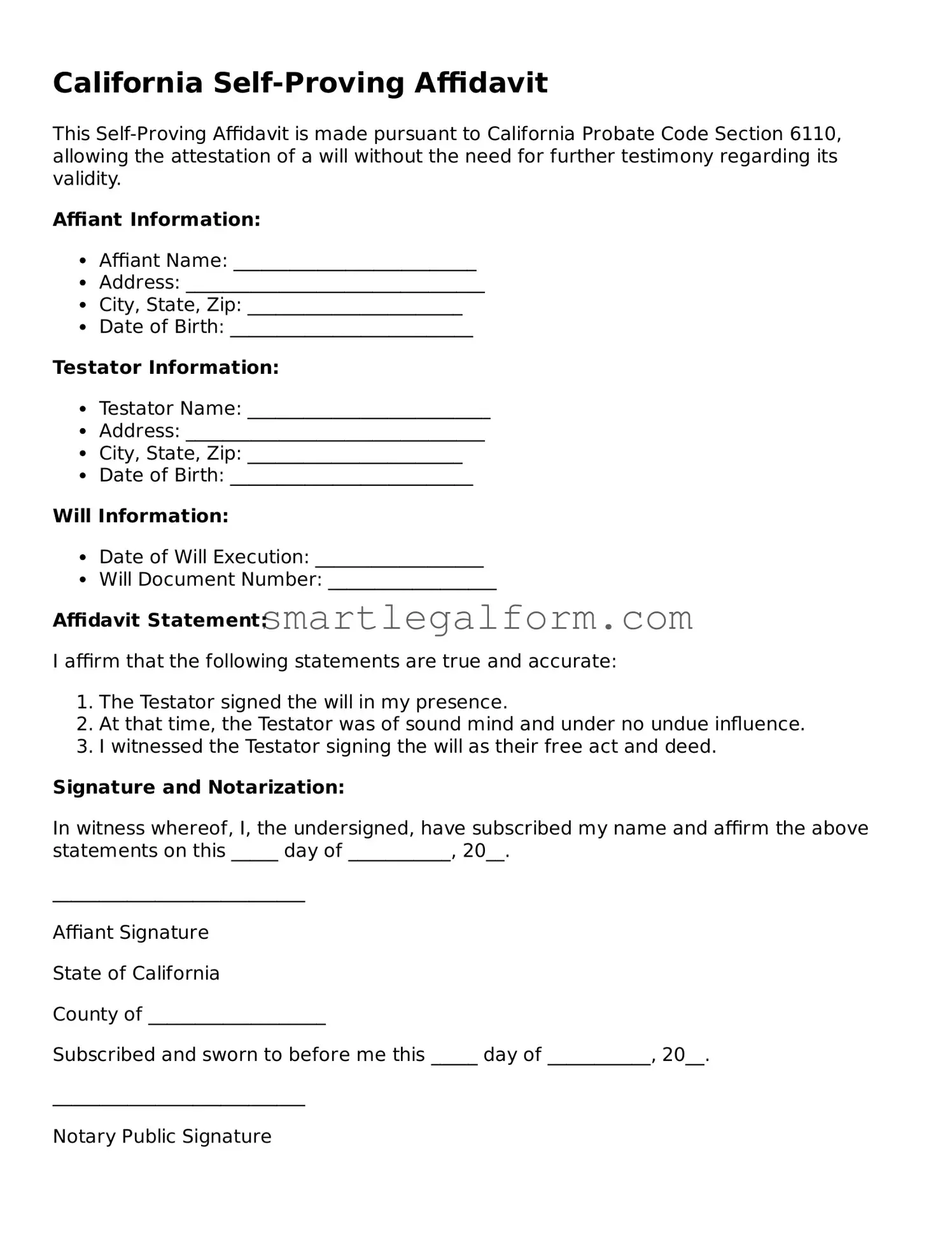 Printable California Self-Proving Affidavit Document