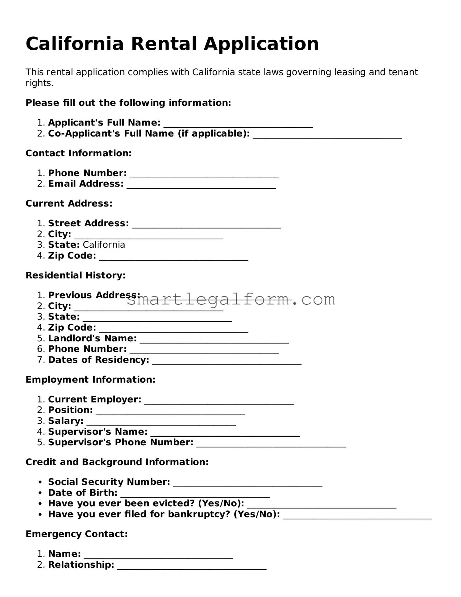 Printable California Rental Application Document