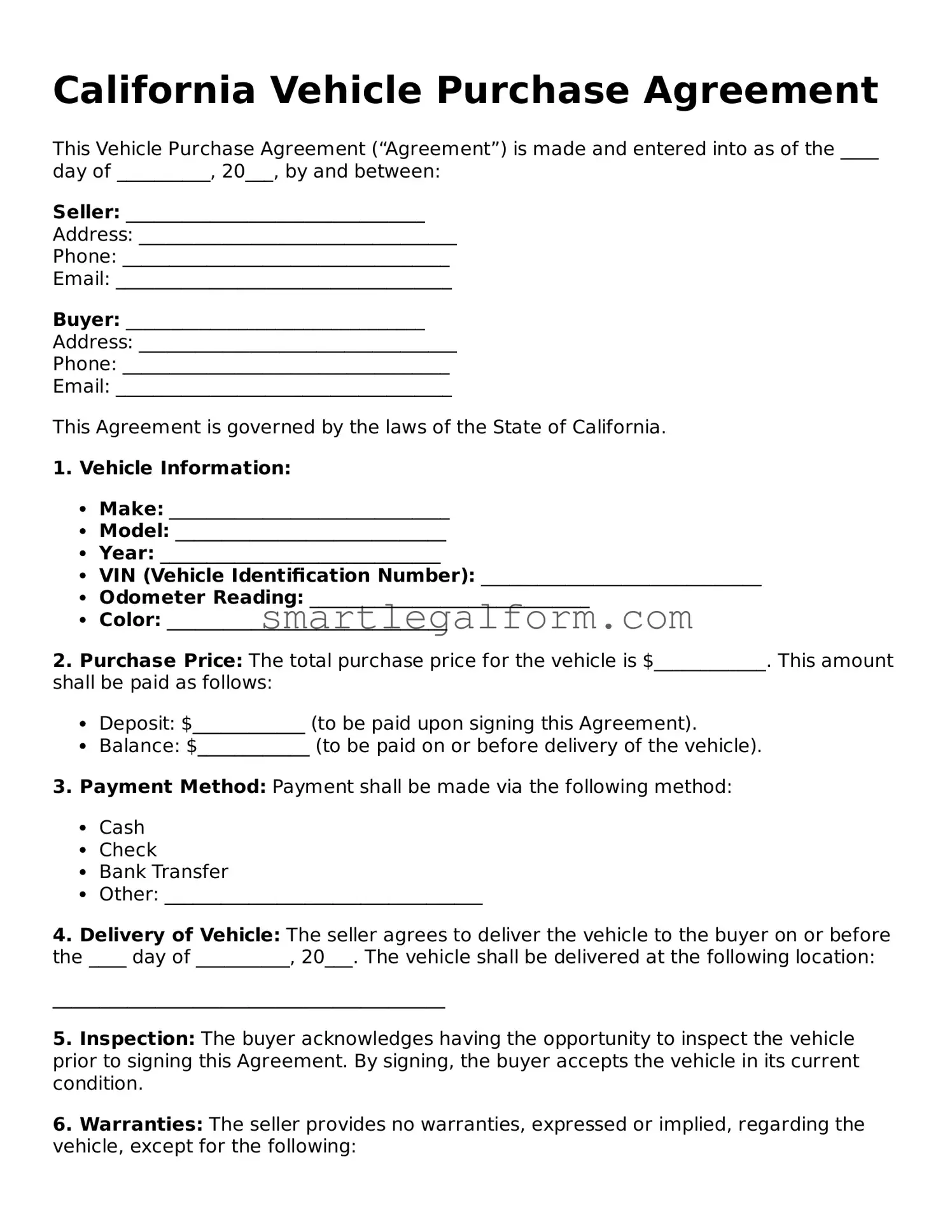 Printable California Vehicle Purchase Agreement Document