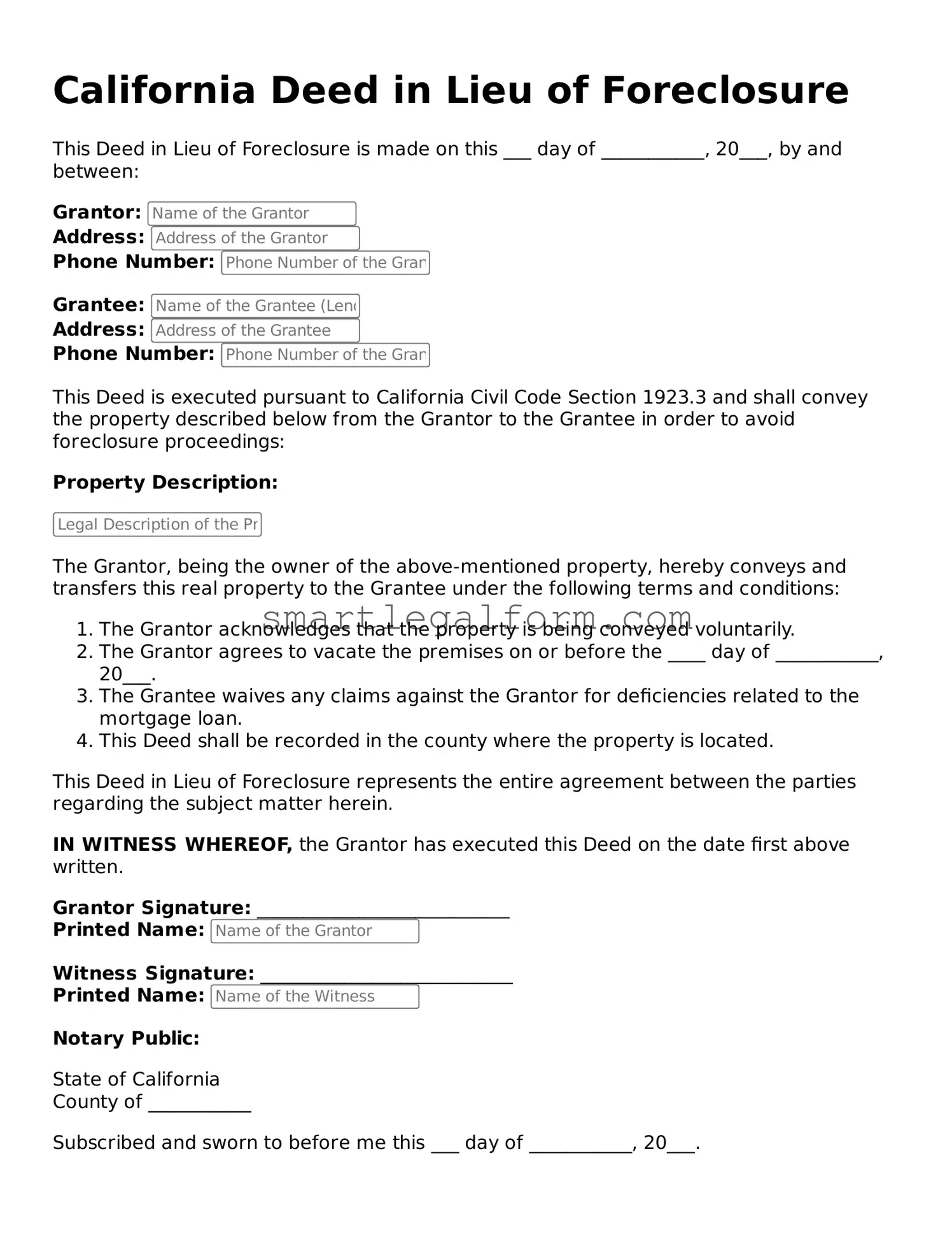 Printable California Deed in Lieu of Foreclosure Document