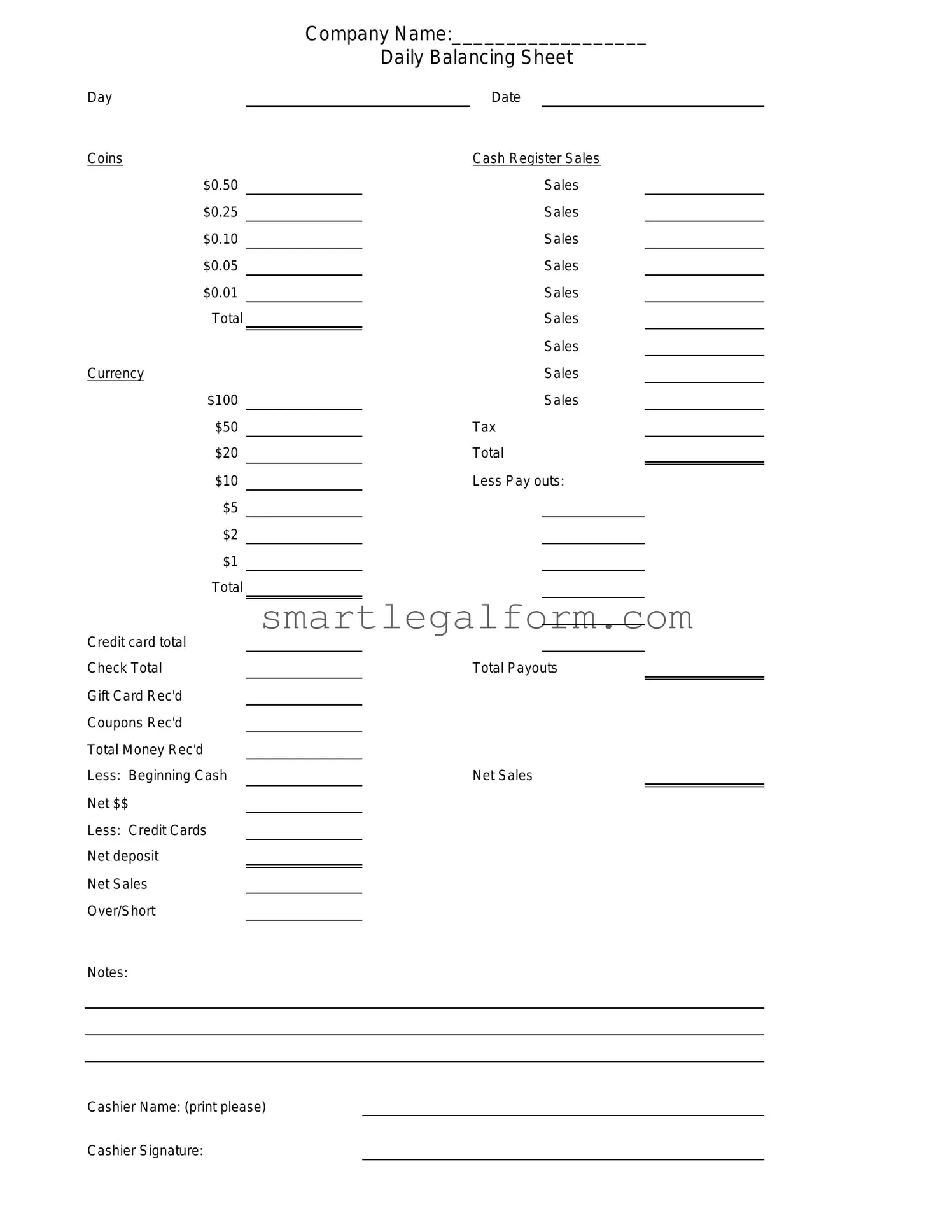 Free Cash Drawer Count Sheet Form