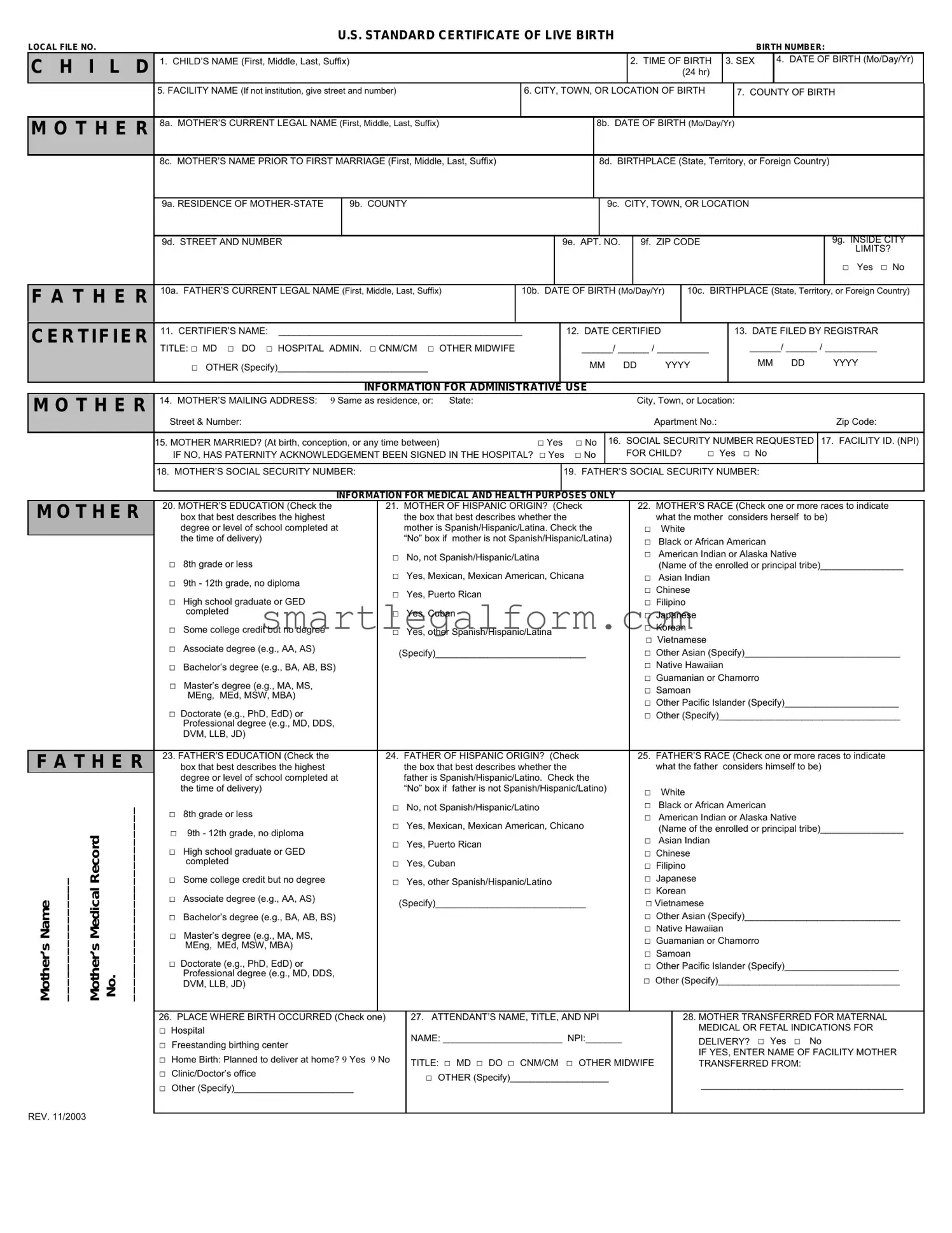 Free CDC U.S. Standard Certificate of Live Birth Form