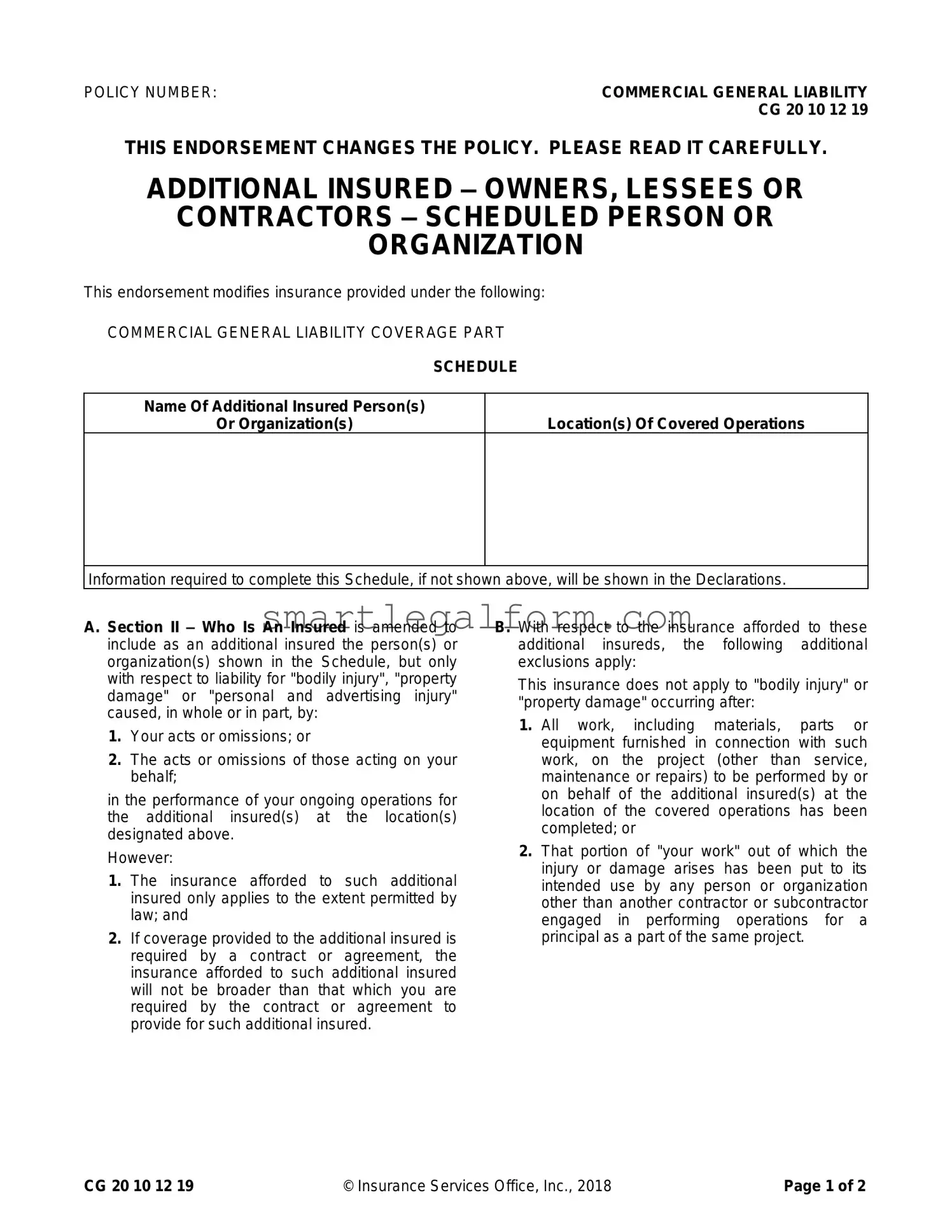Free Cg 20 10 07 04 Liability Endorsement Form